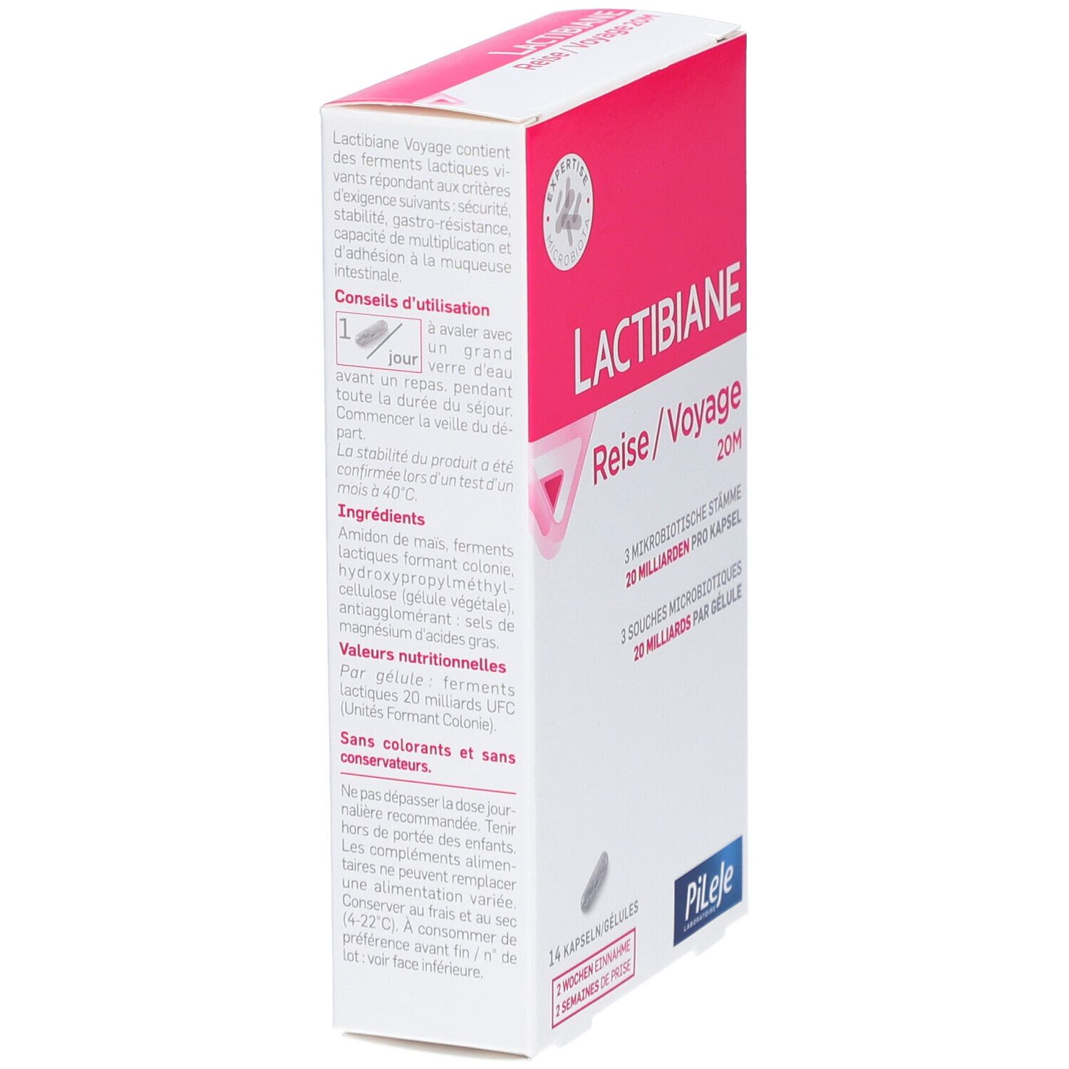 LACTIBIANE Reise/Voyage 20M-Verpackung. Weiße Schachtel mit rosa Akzenten. Enthält 14 Kapseln. Text in Deutsch und Französisch.