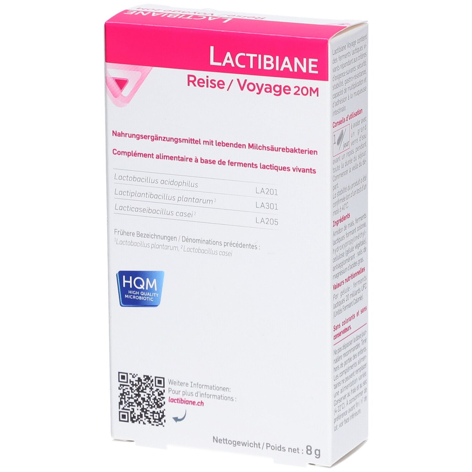 LACTIBIANE Reise/Voyage 20M-Verpackung. Weiße Schachtel mit rosa Akzenten. Enthält 14 Kapseln. Text in Deutsch und Französisch.