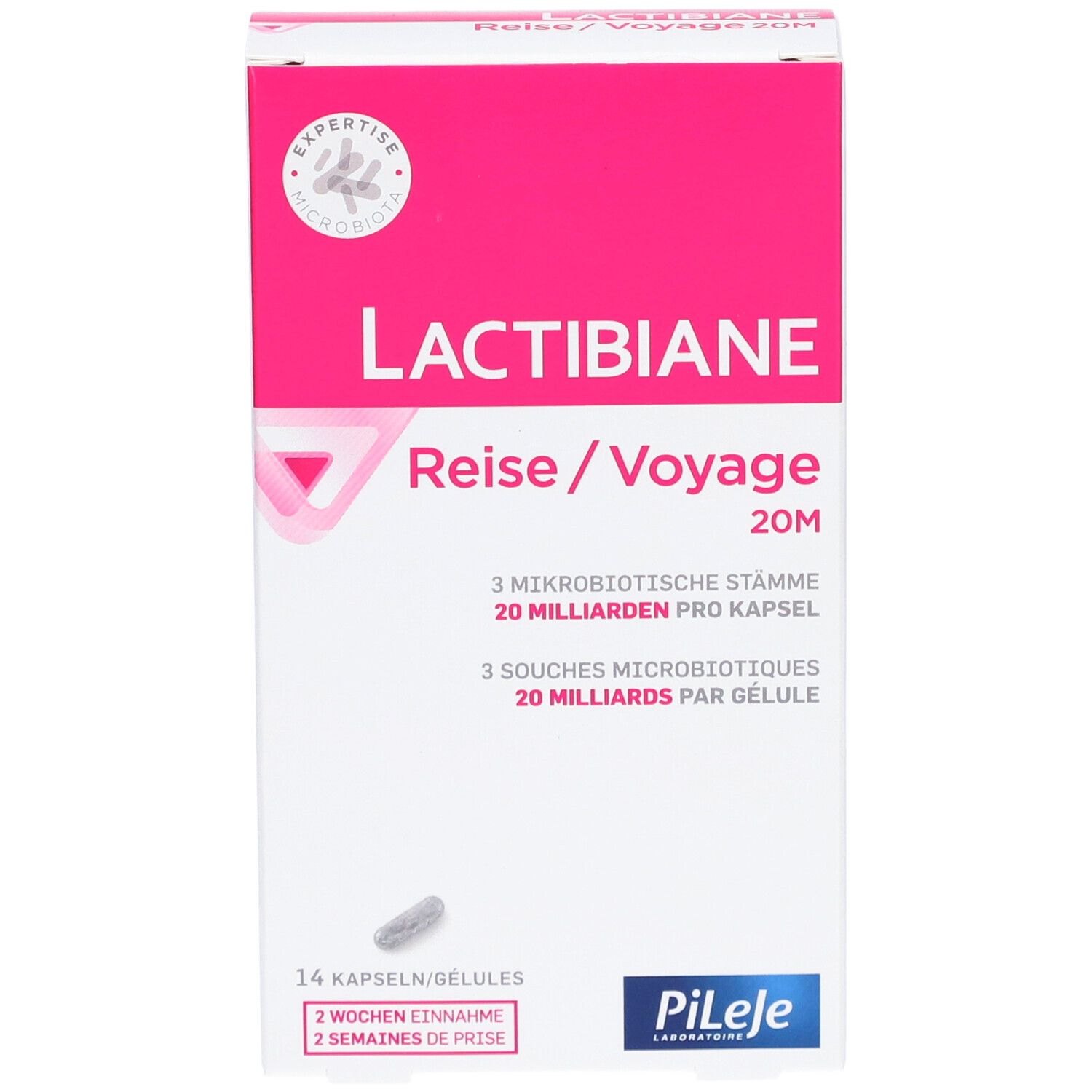 LACTIBIANE Reise/Voyage 20M-Verpackung. Weiße Schachtel mit rosa Akzenten. Enthält 14 Kapseln. Text in Deutsch und Französisch.