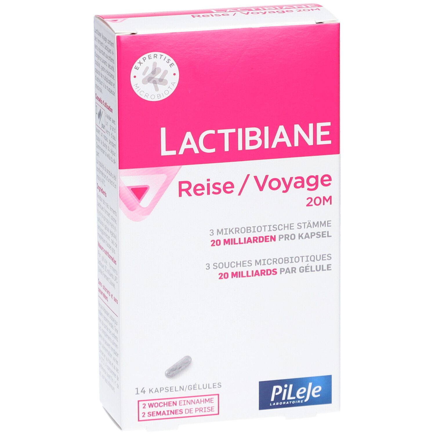 LACTIBIANE Reise/Voyage 20M-Verpackung. Weiße Schachtel mit rosa Akzenten. Enthält 14 Kapseln. Text in Deutsch und Französisch.