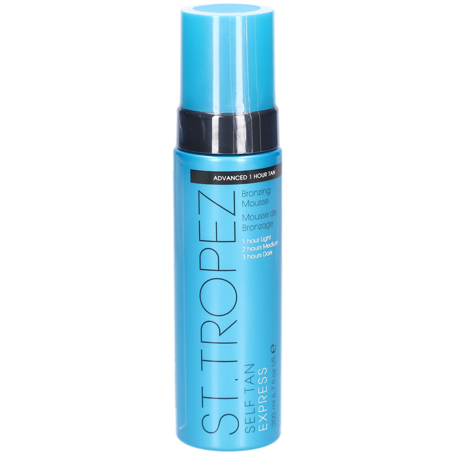 Türkisblaue Flasche mit schwarzem Deckel. Aufschrift: ST. TROPEZ SELF TAN EXPRESS. Bronzing Mousse.