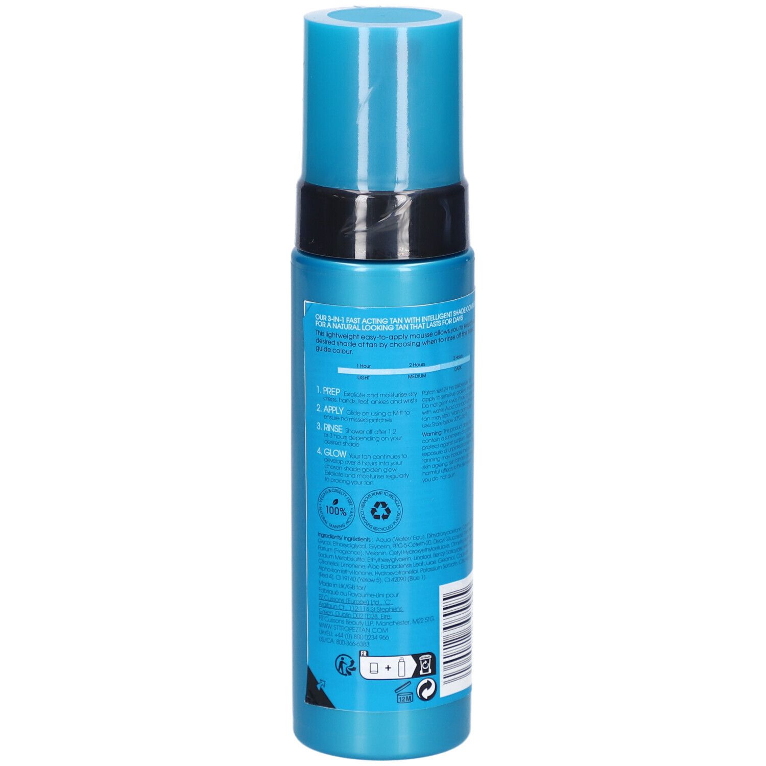 Rückseite einer türkisfarbenen Flasche. Text: Anwendungshinweise, Inhaltsstoffe, Recycling-Symbole und Barcode.