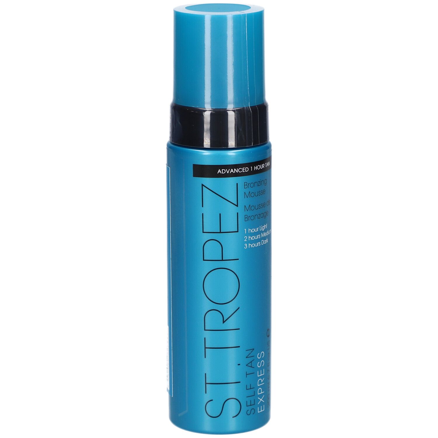 Türkisblaue Flasche mit schwarzem Deckel. Aufschrift: ST. TROPEZ SELF TAN EXPRESS. Bronzing Mousse.