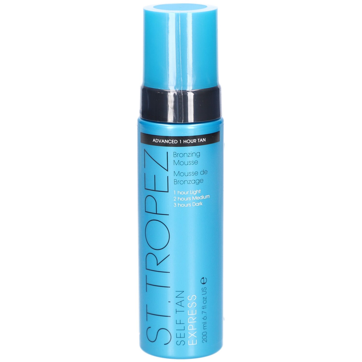 Türkisblaue Flasche mit schwarzem Deckel. Aufschrift: ST. TROPEZ SELF TAN EXPRESS. Bronzing Mousse. 200 ml.