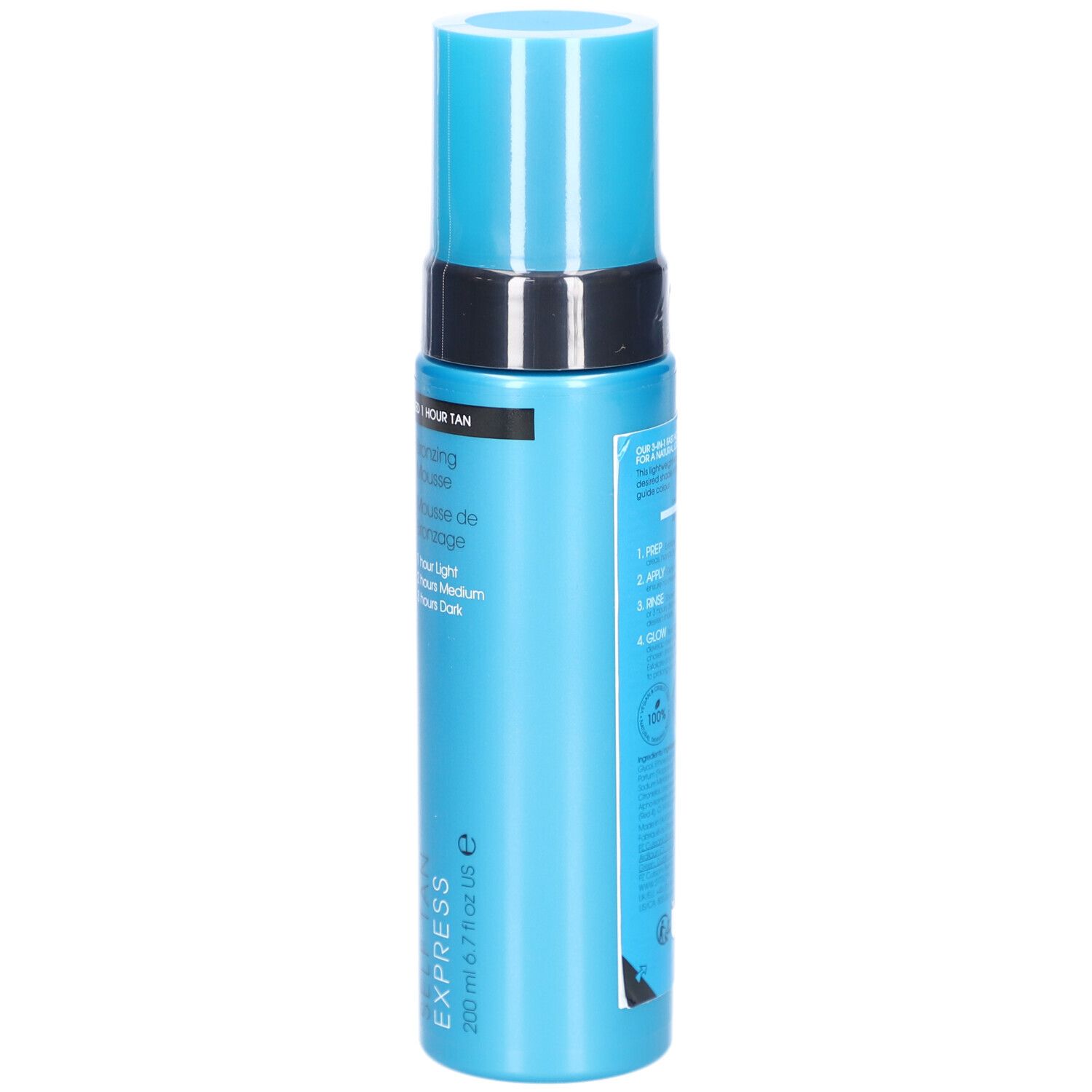 Türkisblaue Flasche mit schwarzem Deckel. Aufschrift: ST. TROPEZ SELF TAN EXPRESS. Bronzing Mousse. 200 ml.