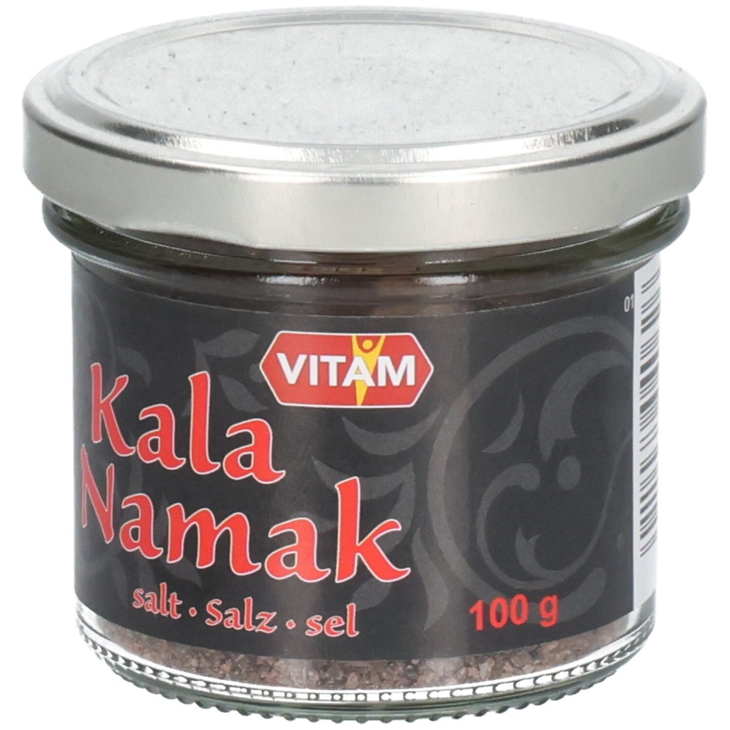 Glas mit schwarzem Etikett. Roter Schriftzug "Kala Namak". Marke VITAM. Deckel silberfarben. Salz sichtbar.