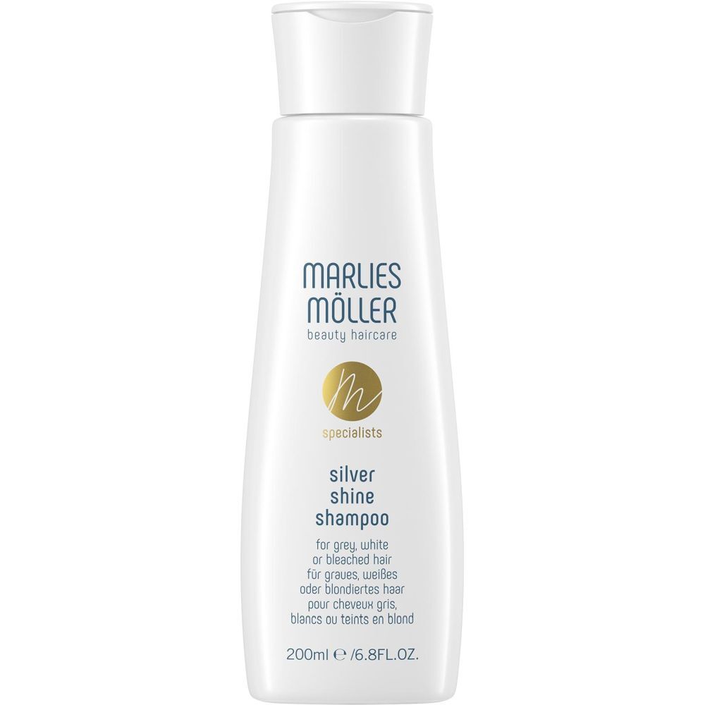 Weißes Shampoo von Marlies Möller. Aufschrift: Silver Shine Shampoo. Für graues, weißes oder blondiertes Haar. 200ml.