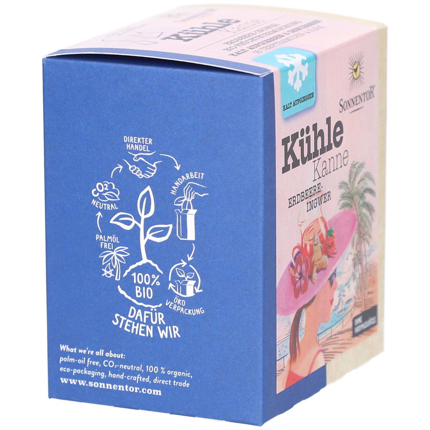Karton mit blauer und beiger Oberfläche. Aufdruck: 100% Bio, Palmölfrei, CO2-neutral, Handarbeit, Direkt Handel. Logo: Sonnentor.