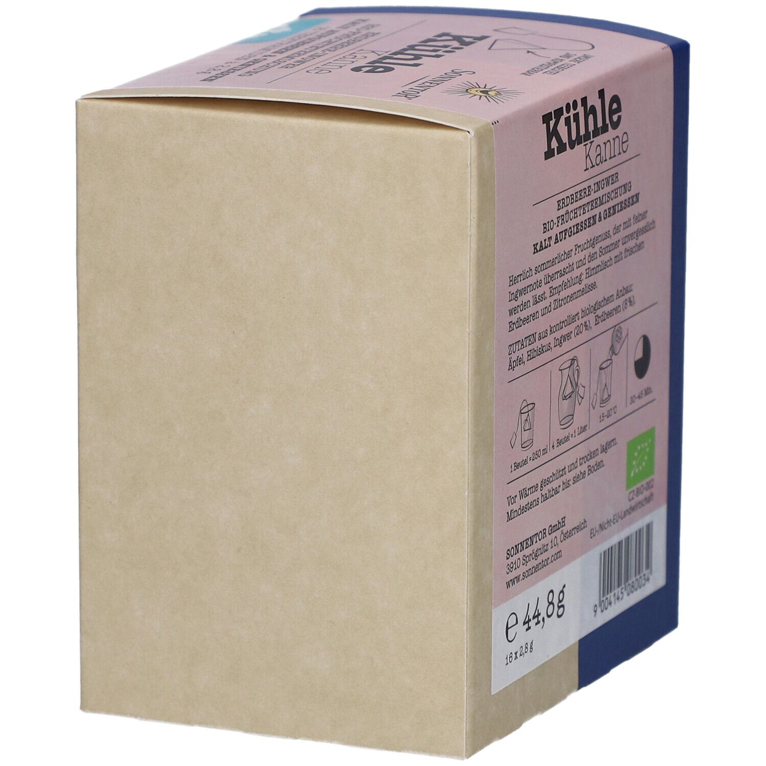 Beige und blaue Kartonverpackung. Aufschrift: Kühle Kanne Erdbeer-Ingwer. Bio-Siegel. Gewicht: 44,8g.