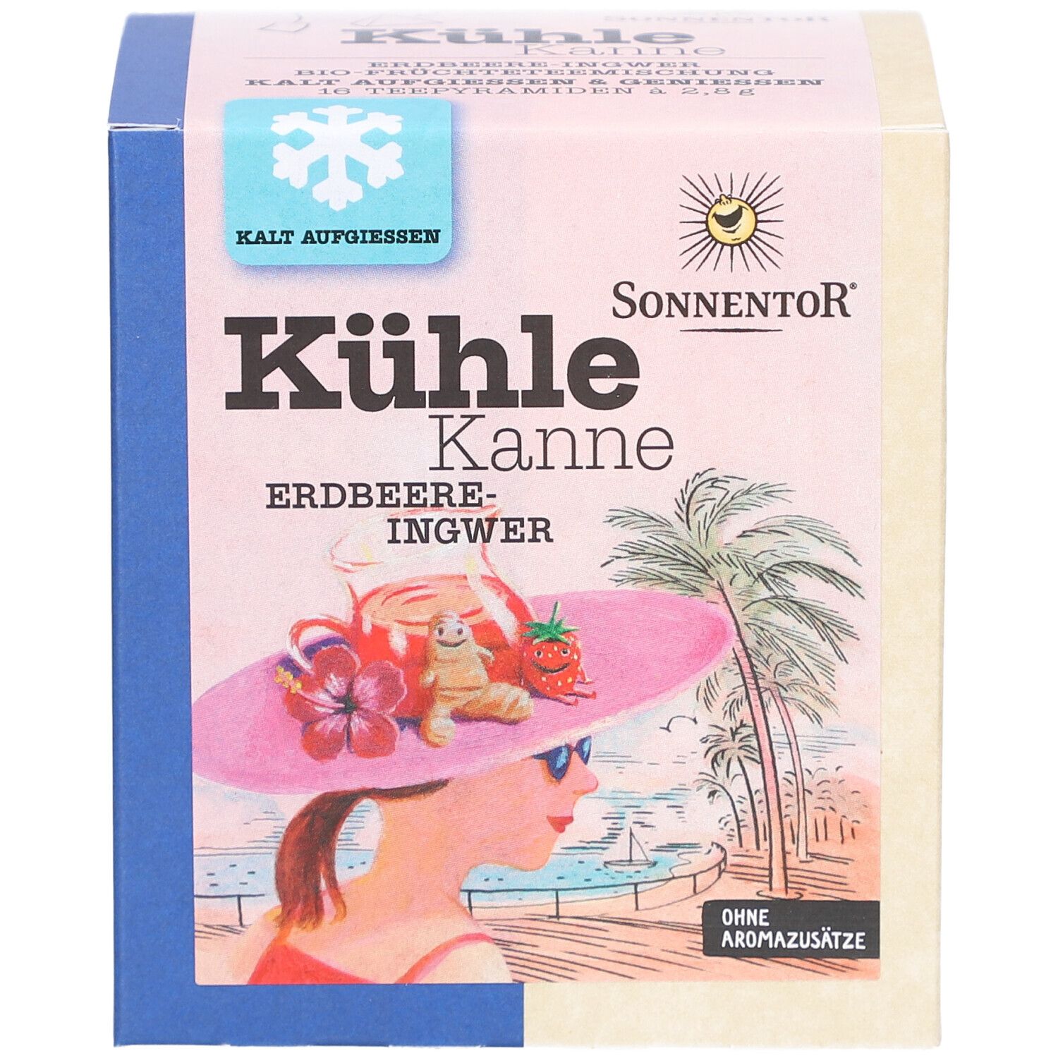 Karton mit Aufdruck. Aufschrift: Kühle Kanne Erdbeer-Ingwer. Logo: Sonnentor. Abbildung: Frau mit Hut am Strand. Ohne Aromazusätze.