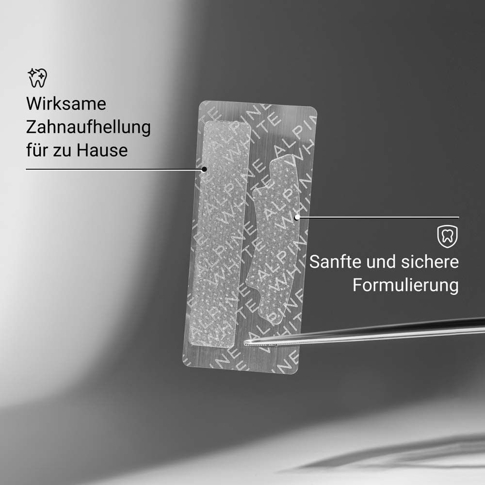 Zahnaufhellungsstreifen mit ALPINE WHITE-Logo. Sanfte Formel. Wirksame Zahnaufhellung für zu Hause.