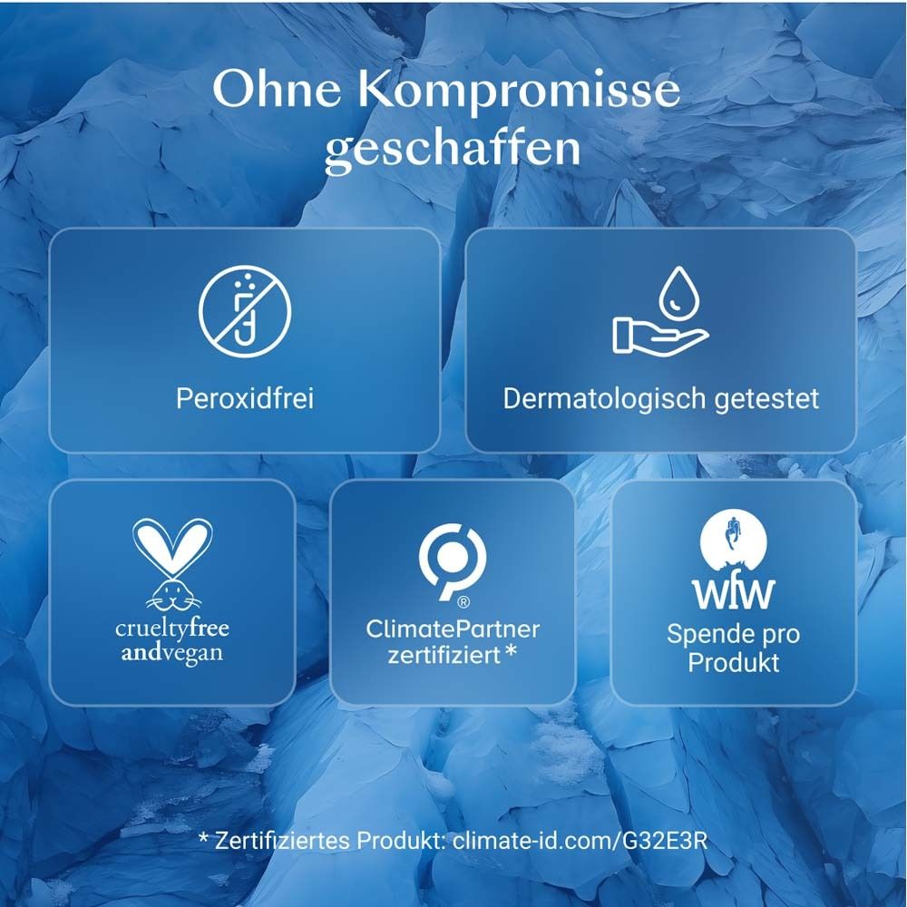 Blöcke mit Logos: Peroxidfrei, dermatologisch getestet, Cruelty-free, ClimatePartner, wfw.