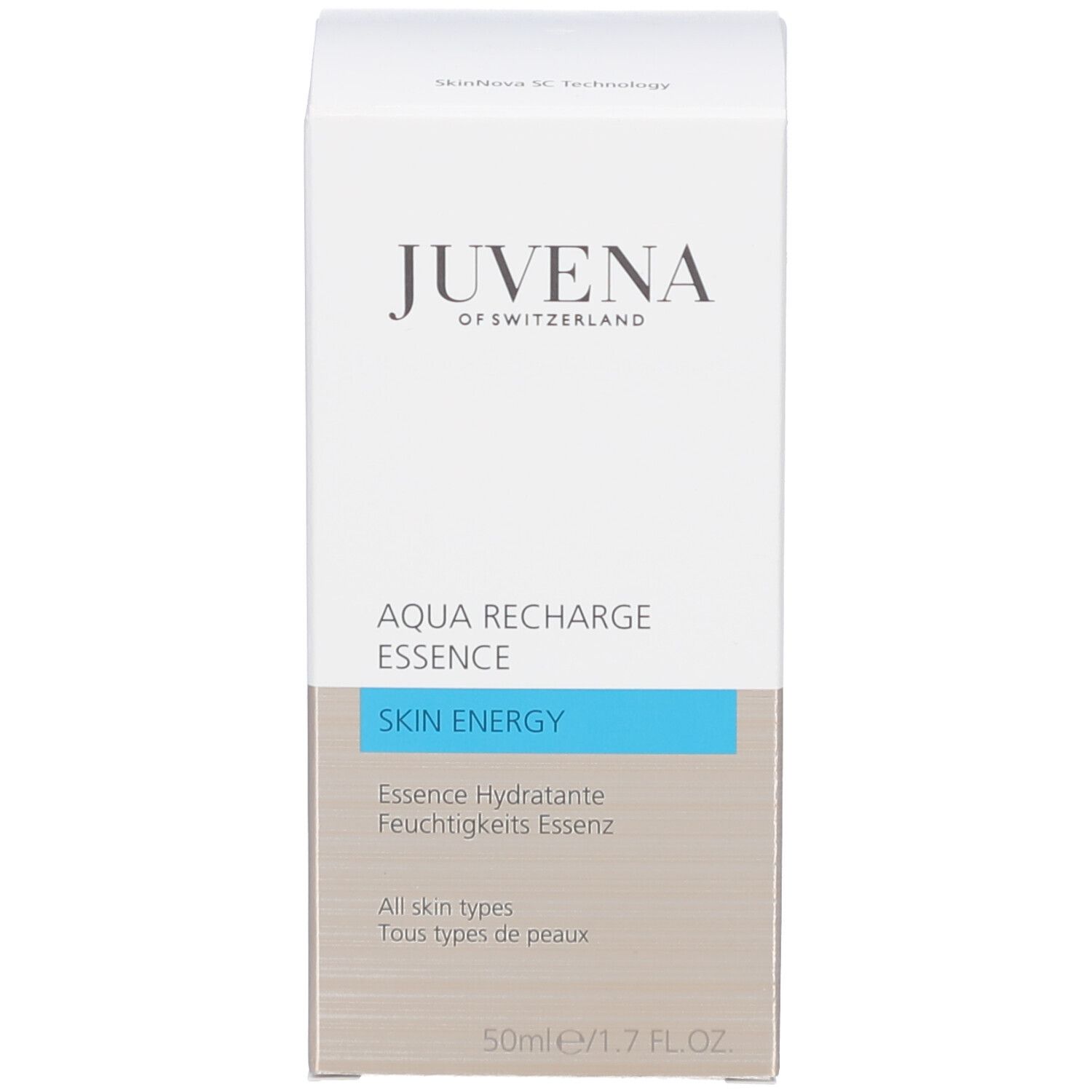 Produktverpackung. Aufschrift: JUVENA, AQUA RECHARGE ESSENCE, SKIN ENERGY, 50ml/1.7 FL.OZ.
