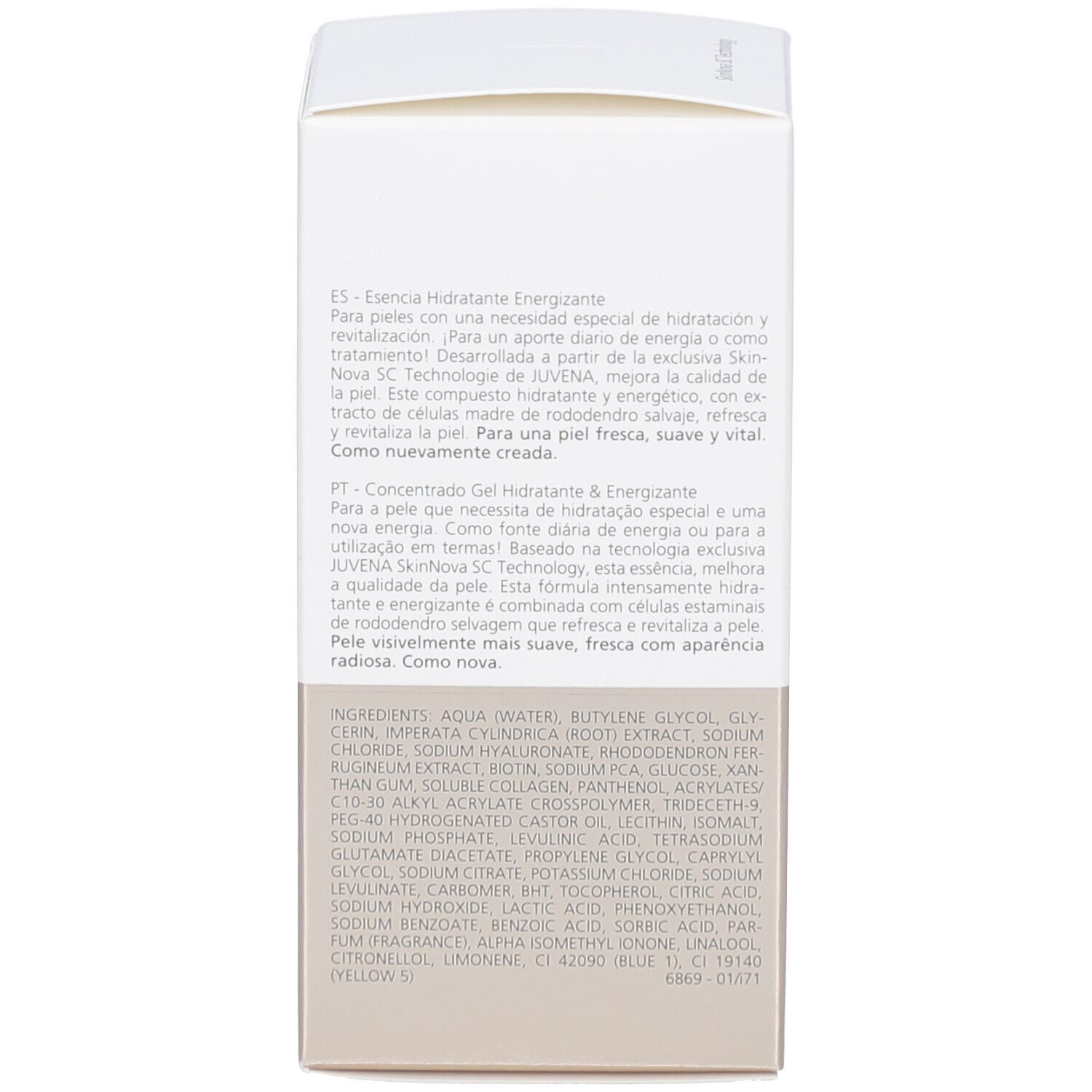 Produktverpackung, Rückseite. Text in mehreren Sprachen: Inhaltsstoffe, Beschreibung.