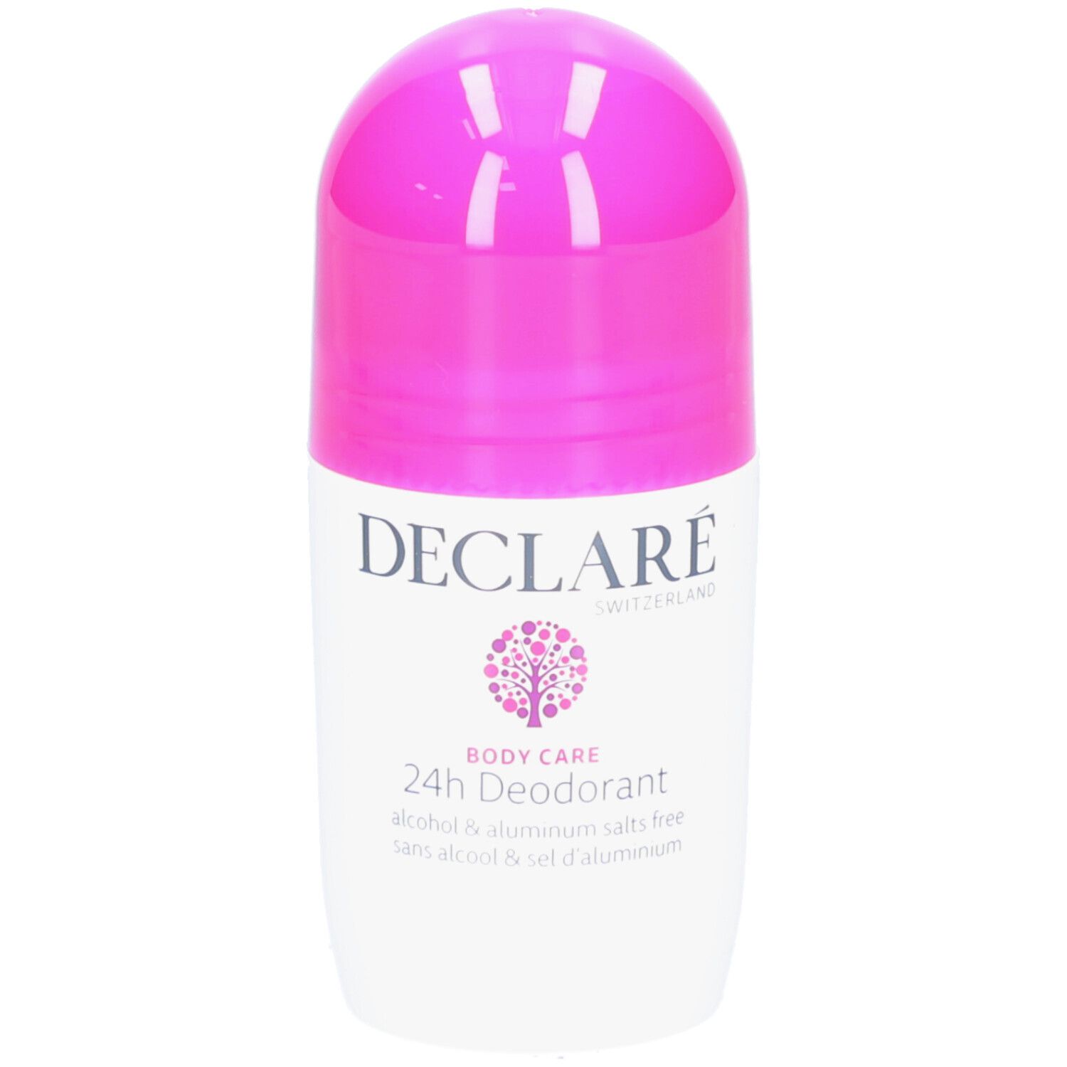 Weißer Roll-on-Deodorant mit pinkfarbenem Deckel. Beschriftung: DECLARÉ, 24h Deodorant, Body Care.