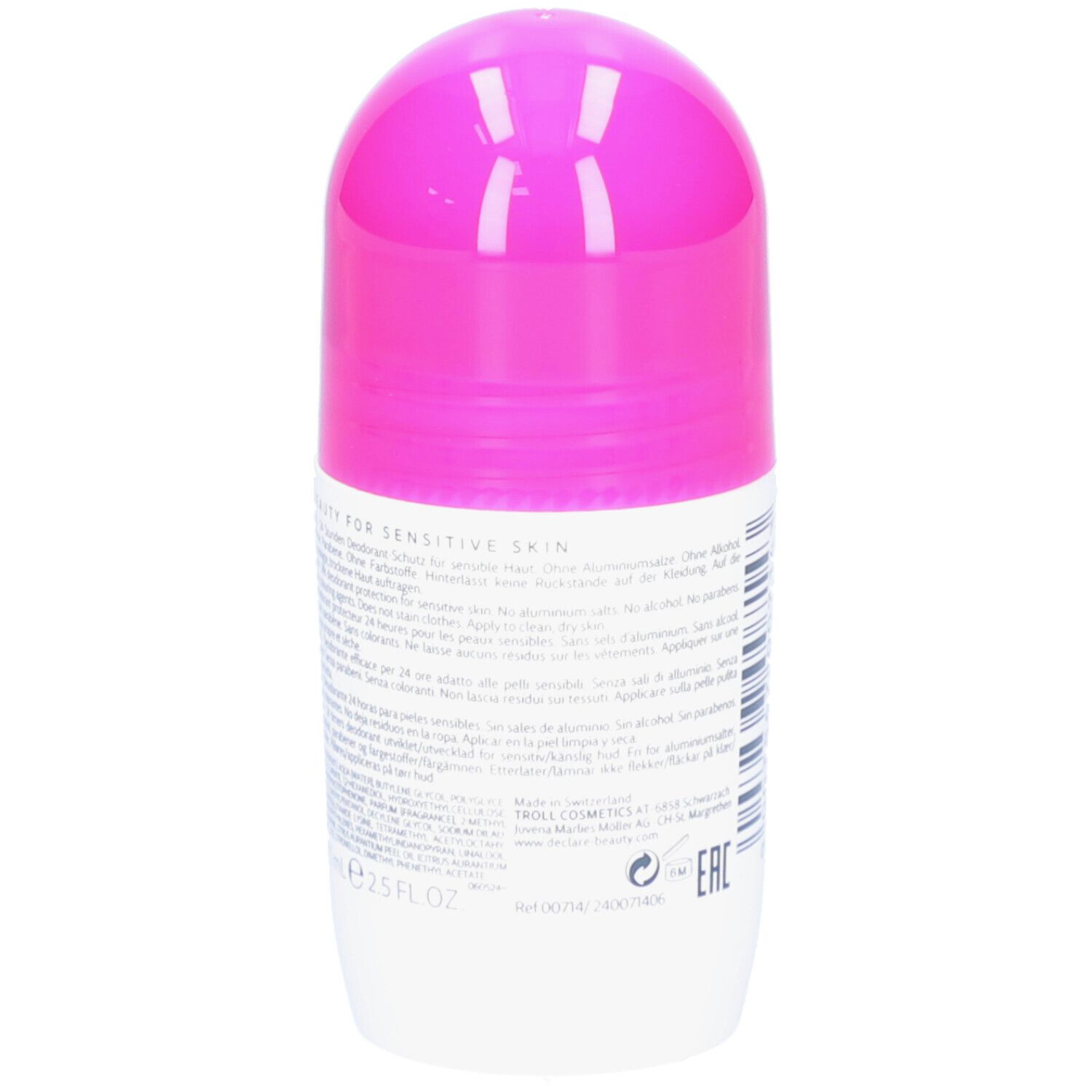 Rückseite des weißen Roll-on-Deodorants mit pinkfarbenem Deckel. Text für empfindliche Haut.