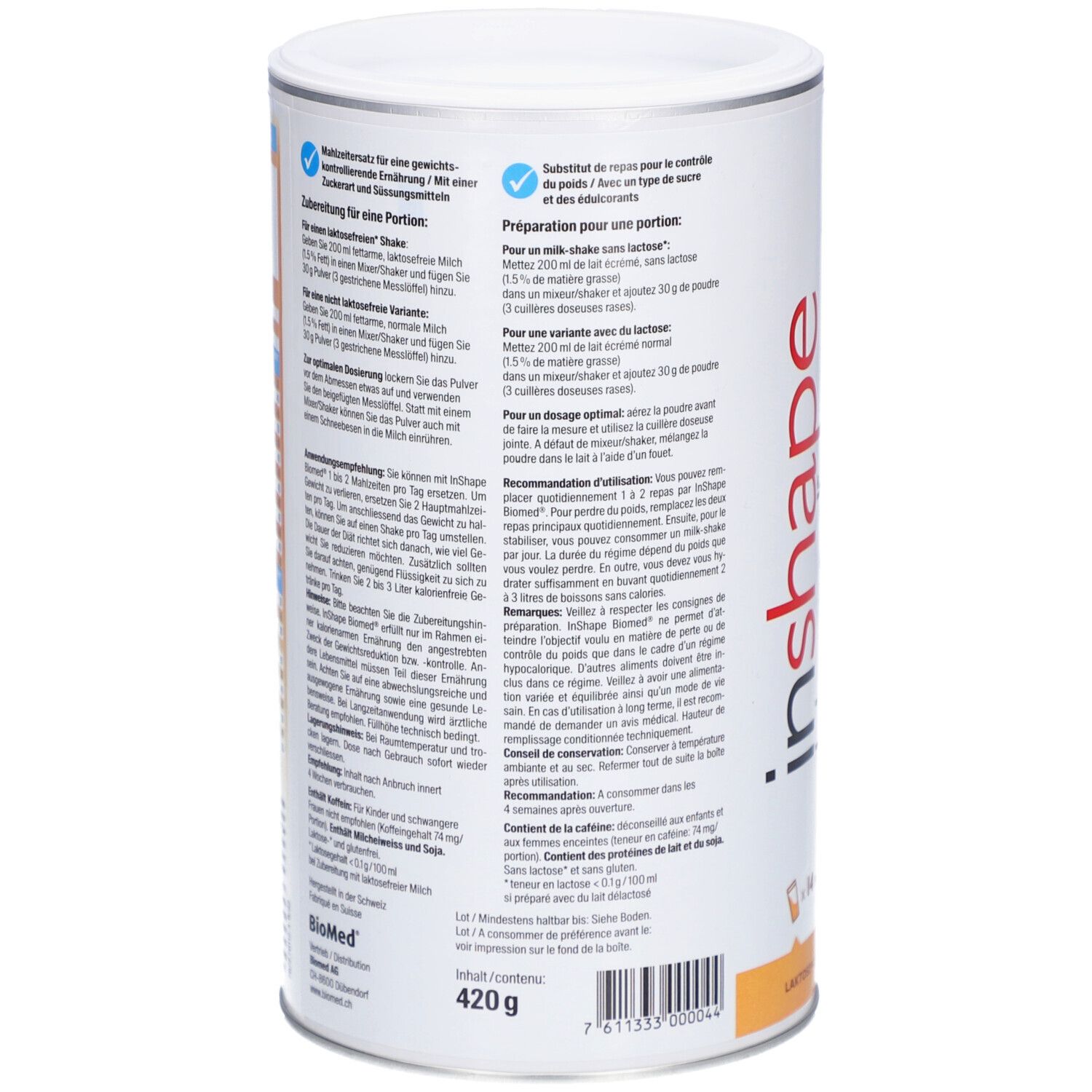 Rückseite der Dose Biomed® inshape Café. Text in deutscher und französischer Sprache. Enthält Informationen zur Zubereitung und Inhaltsstoffe.