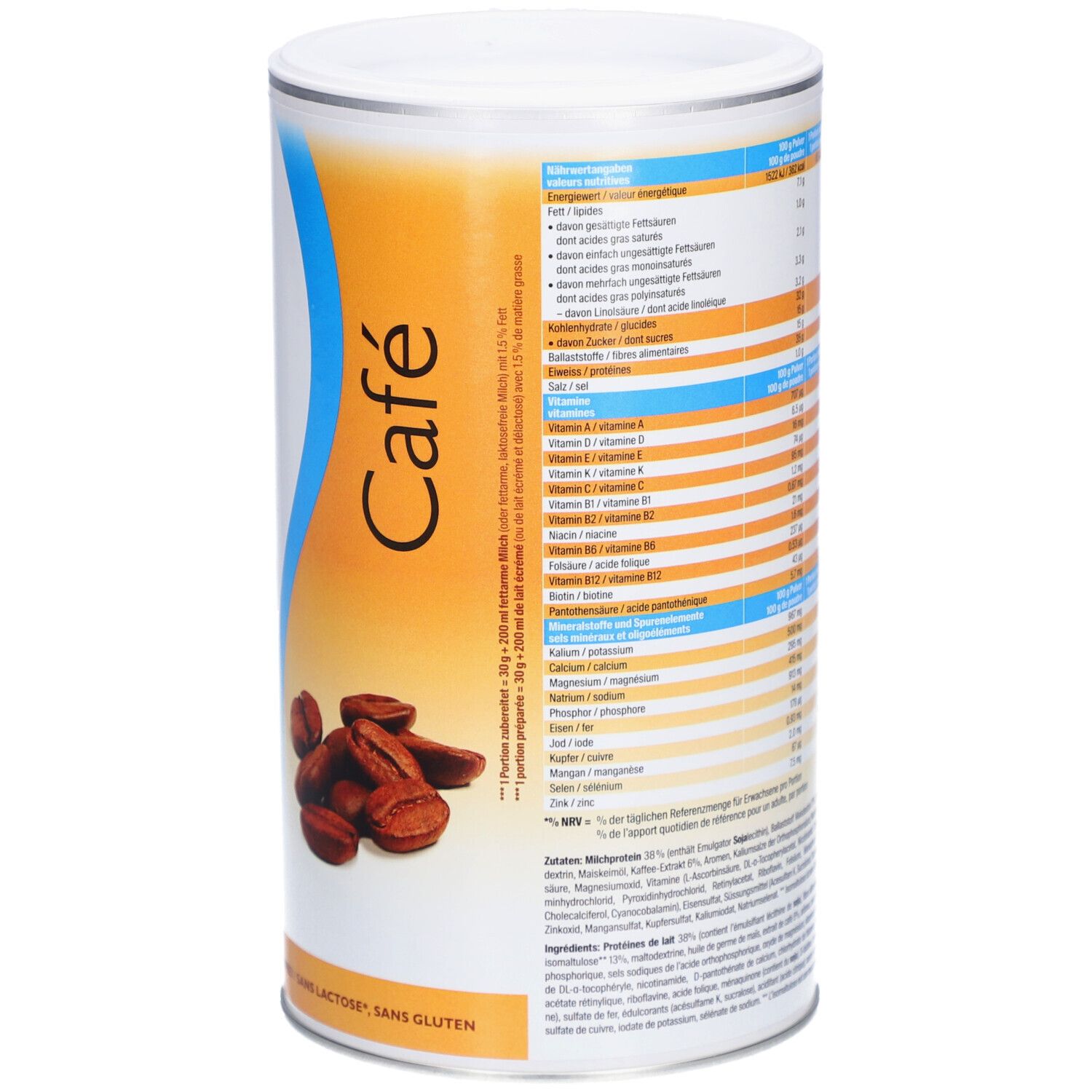 Seite der Dose Biomed® inshape Café. Nährwerttabelle mit Informationen zu Kalorien, Proteinen, Kohlenhydraten und Vitaminen.