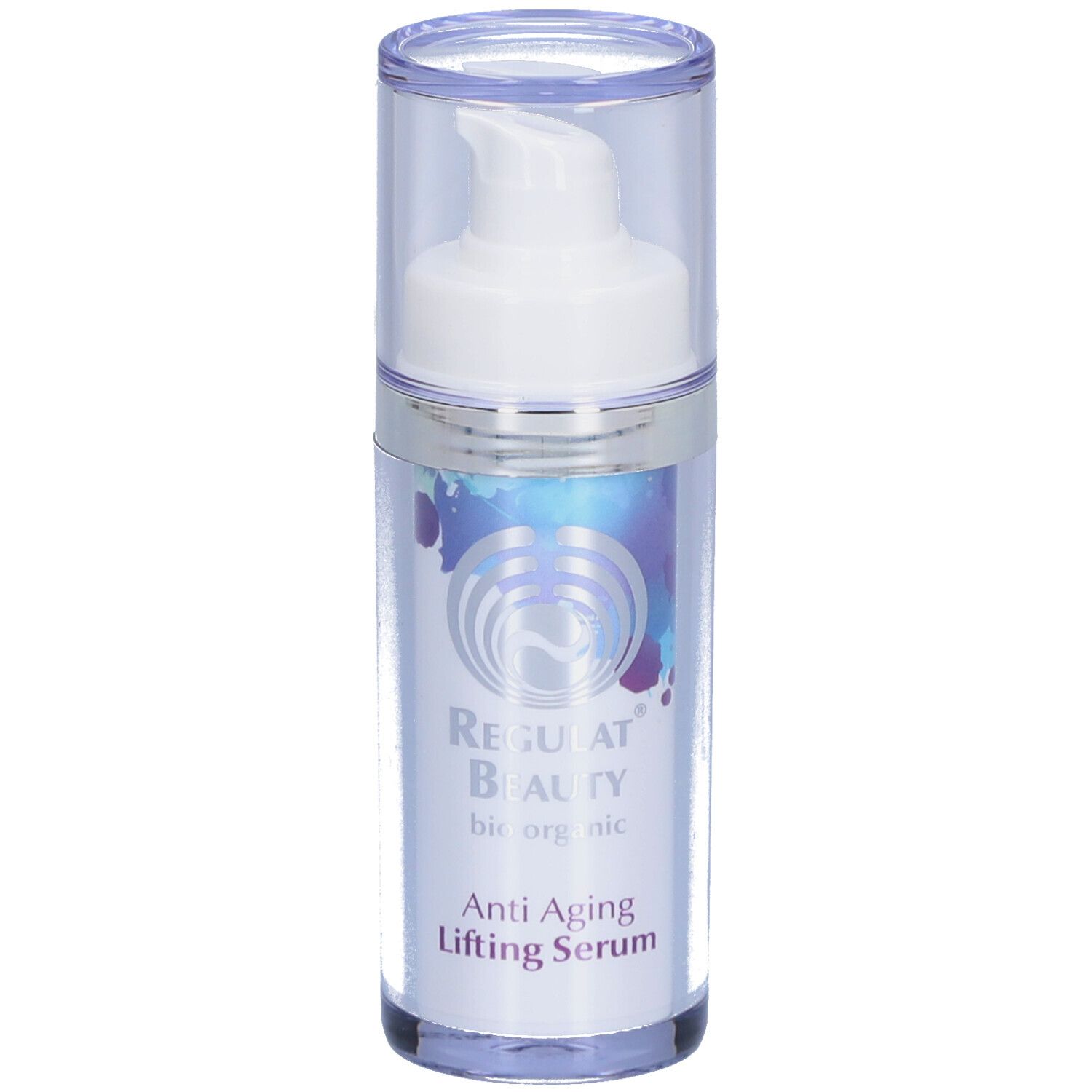 Serumflasche mit Pumpkopf. Aufschrift: Regulat Beauty, Anti Aging Lifting Serum. Transparente Kappe.
