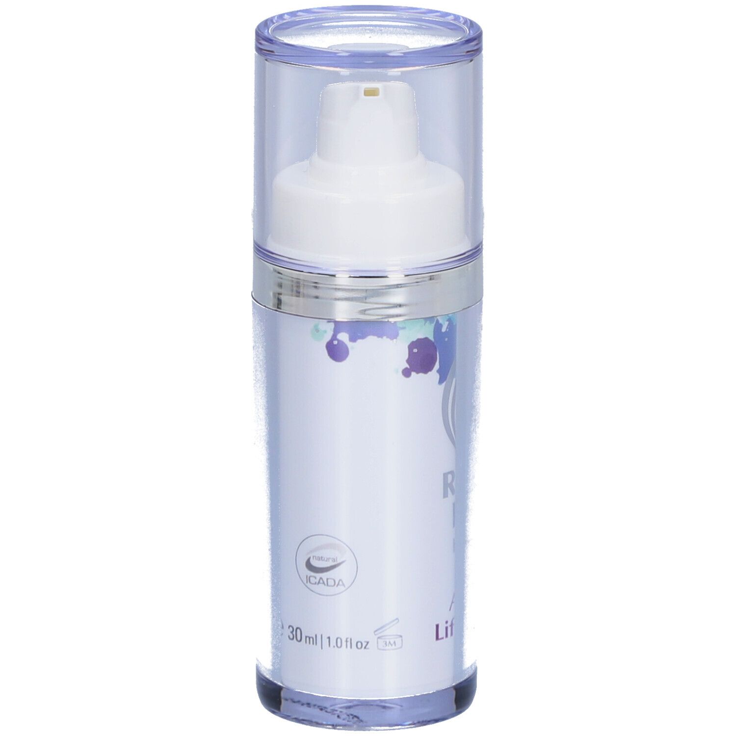 Zylindrische Serumflasche mit Pumpkopf. Aufschrift: Regulat Beauty, Anti Aging Lifting Serum. Transparente Kappe.