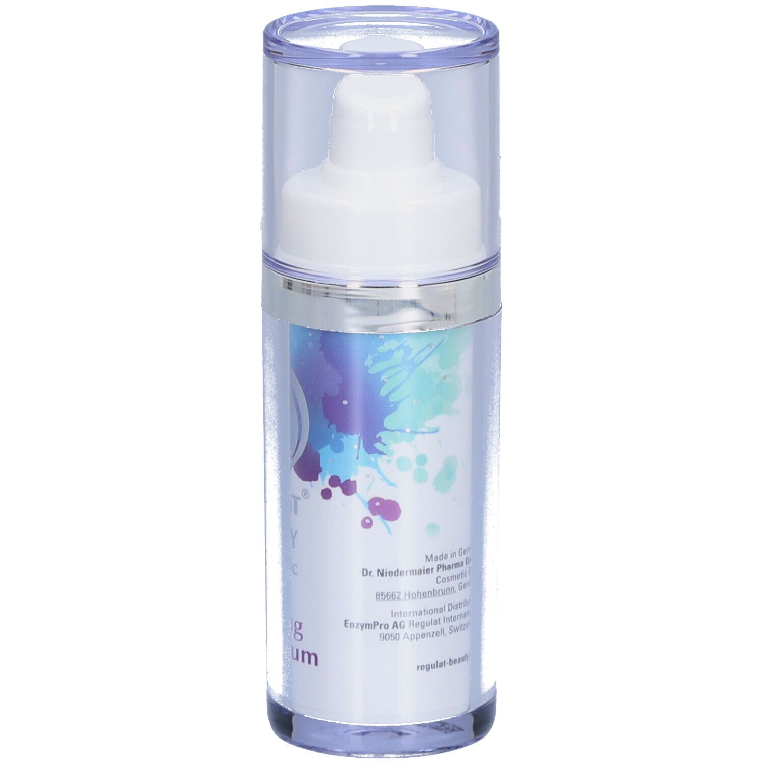 Serumflasche mit Pumpkopf. Aufschrift: Regulat Beauty, Anti Aging Lifting Serum. Rückseite mit Text und Logo.