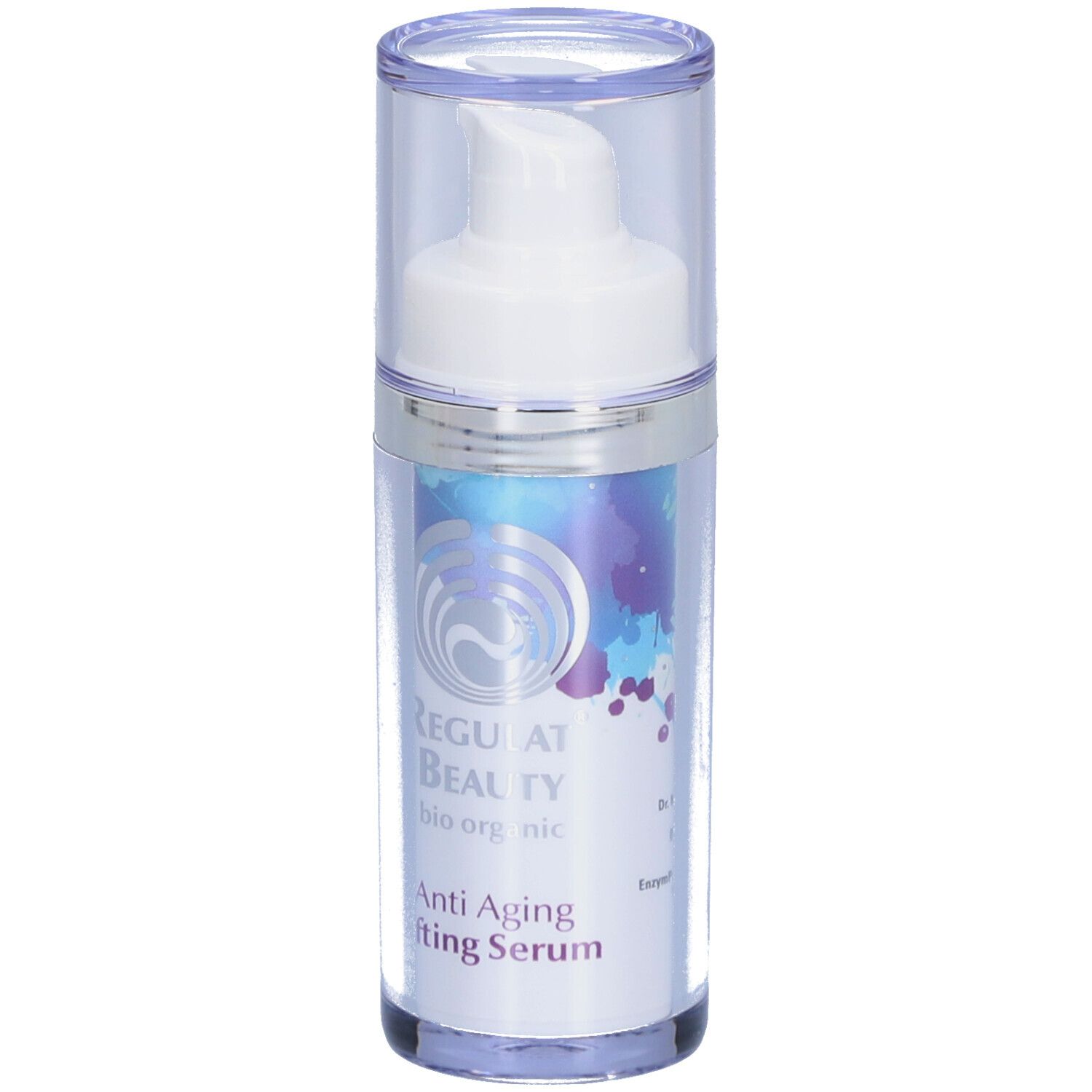 Serumflasche mit Pumpkopf. Aufschrift: Regulat Beauty, Anti Aging Lifting Serum. Transparente Kappe.
