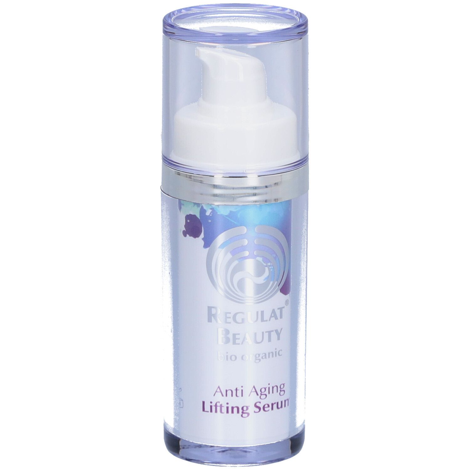 Serumflasche mit Pumpkopf. Aufschrift: Regulat Beauty, Anti Aging Lifting Serum. Transparente Kappe.