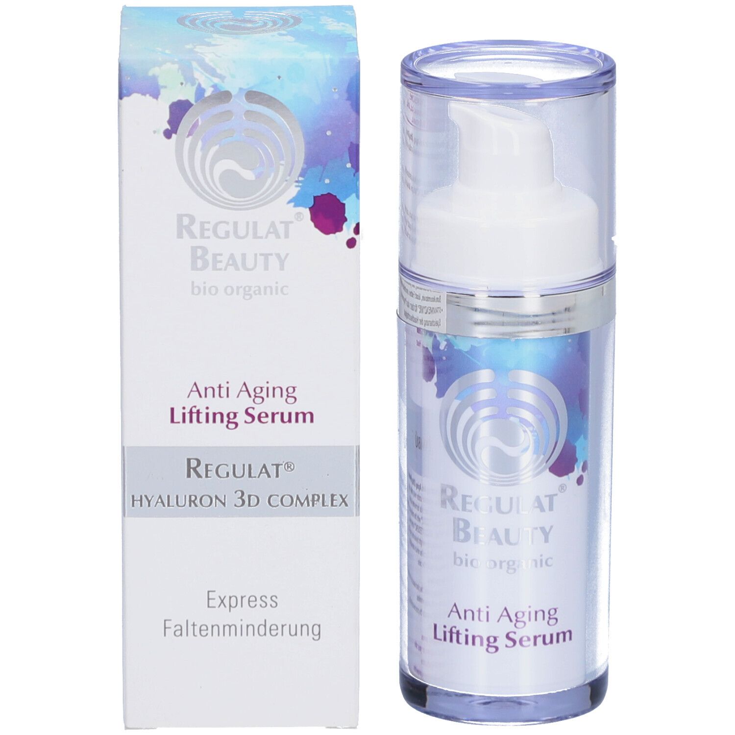 Serumflasche und Verpackung. Aufschrift: Regulat Beauty, Anti Aging Lifting Serum. Verpackung mit Text.