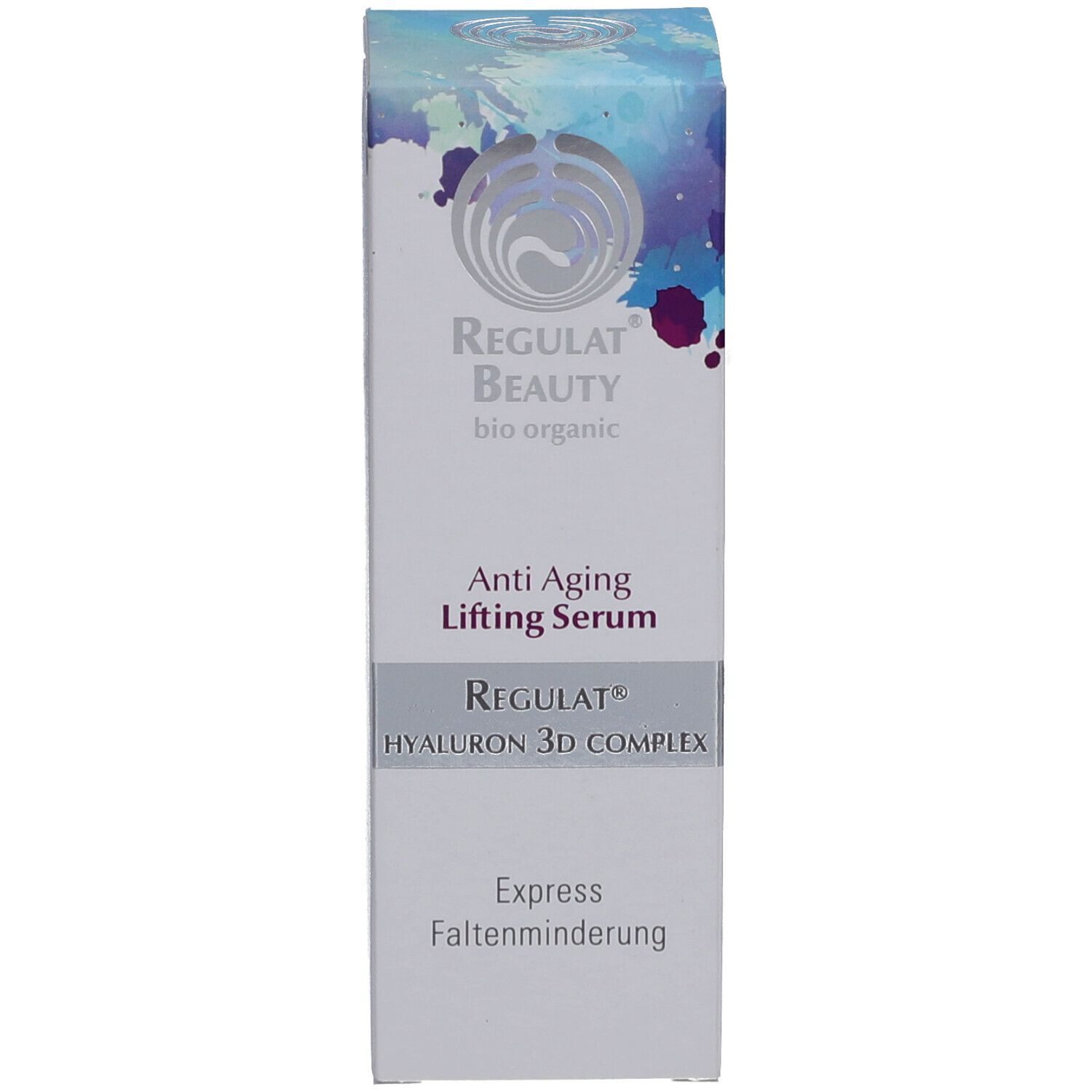 Verpackung für Serum. Aufschrift: Regulat Beauty, Anti Aging Lifting Serum. Text und Logo.