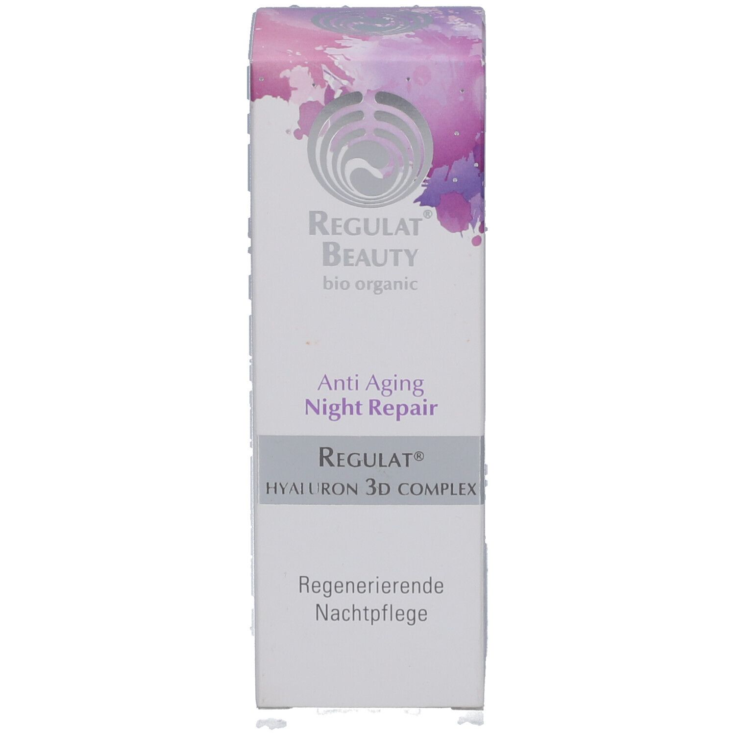 Produktverpackung. Aufschrift: Regulat Beauty, Anti Aging Night Repair, Hyaluron 3D Complex. Regenerierende Nachtpflege.