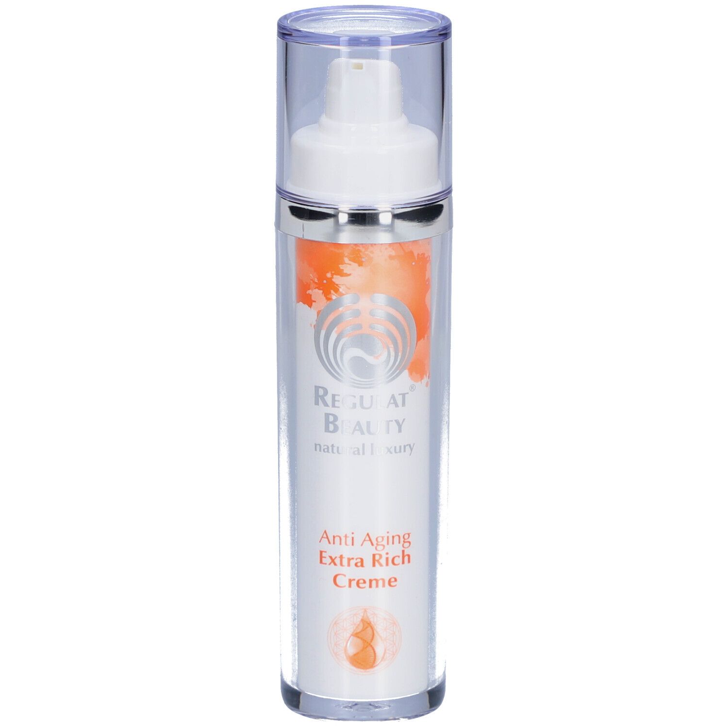 Creme-Spender mit weißem Pumpkopf und transparentem Deckel. Aufschrift: Regulat Beauty, Anti Aging Extra Rich Creme.