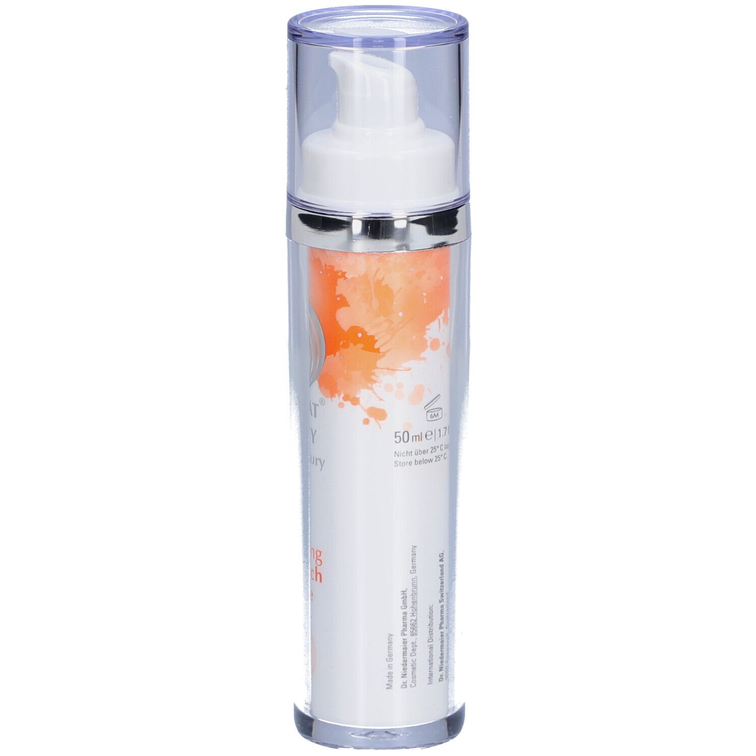 Creme-Spender mit weißem Pumpkopf und transparentem Deckel. Aufschrift: 50 ml, Anti Aging Extra Rich Creme.