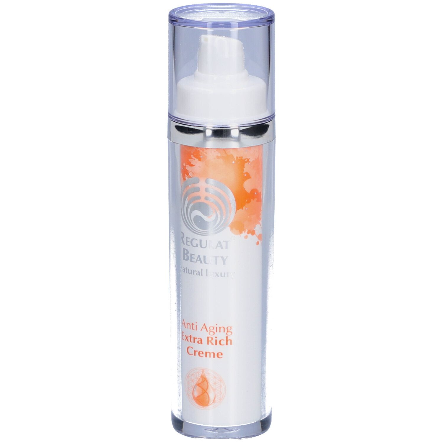 Creme-Spender mit weißem Pumpkopf und transparentem Deckel. Aufschrift: Regulat Beauty, Anti Aging Extra Rich Creme.