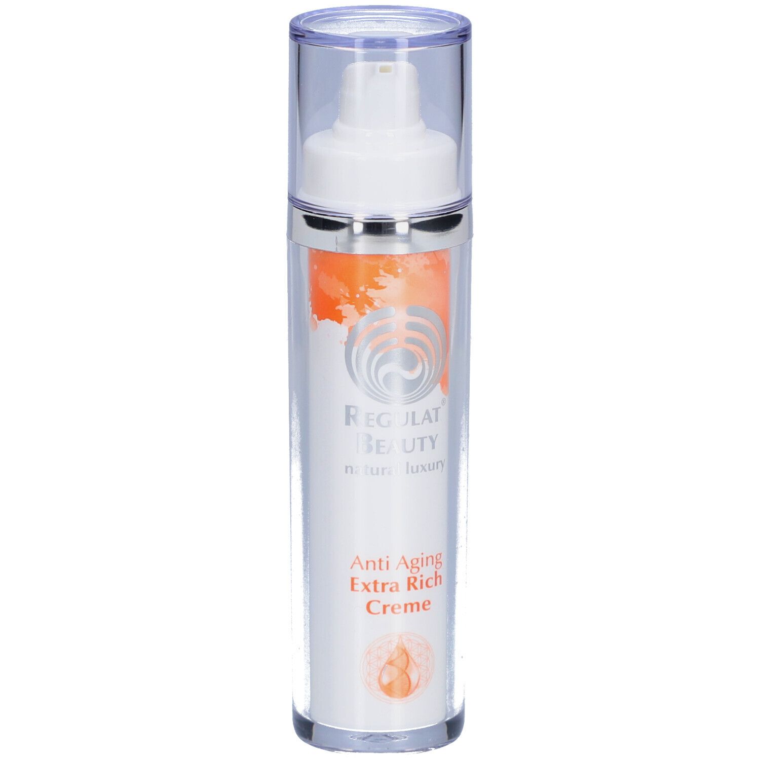 Creme-Spender mit weißem Pumpkopf und transparentem Deckel. Aufschrift: Regulat Beauty, Anti Aging Extra Rich Creme.