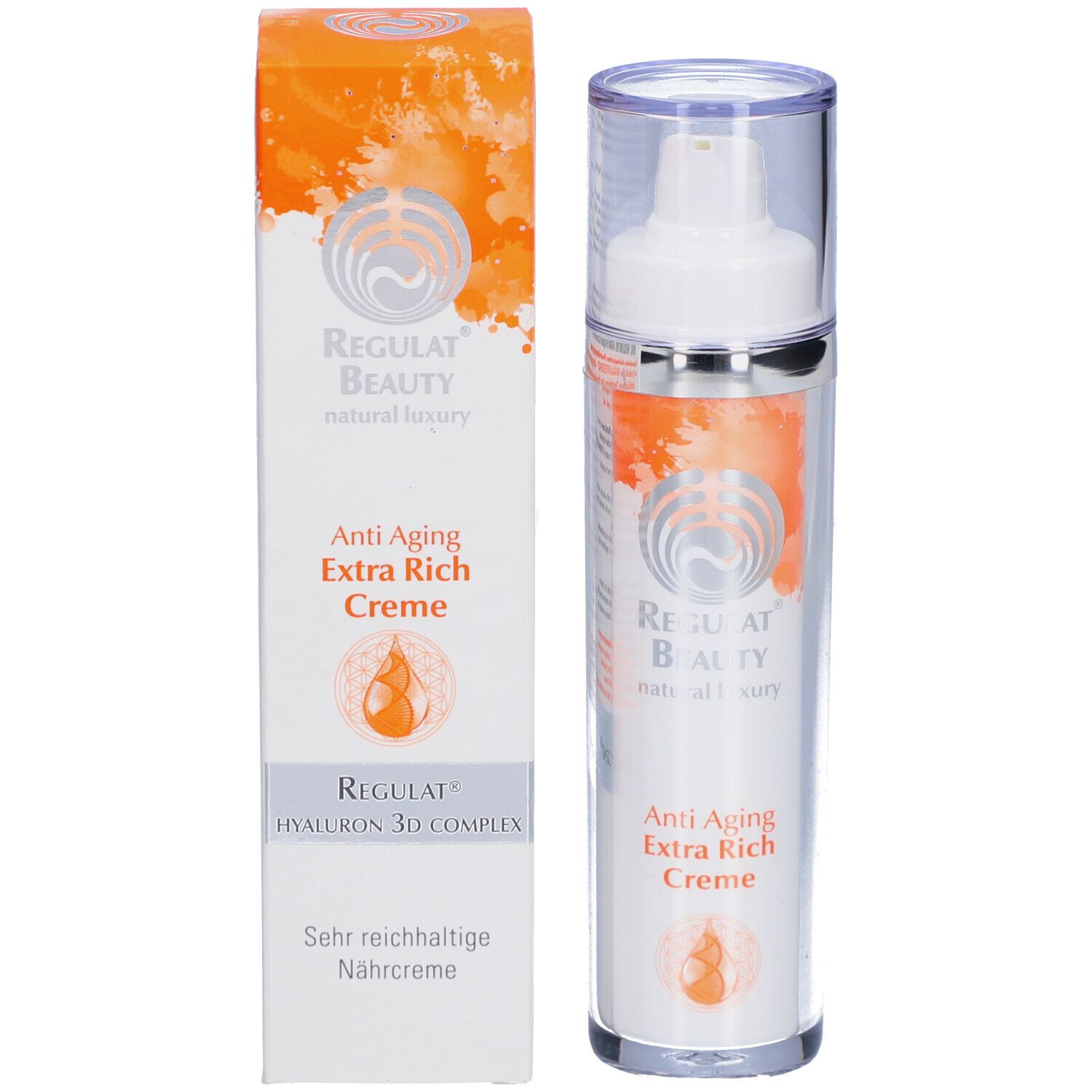 Creme-Spender und Verpackung. Aufschrift: Regulat Beauty, Anti Aging Extra Rich Creme, Hyaluron 3D Complex.