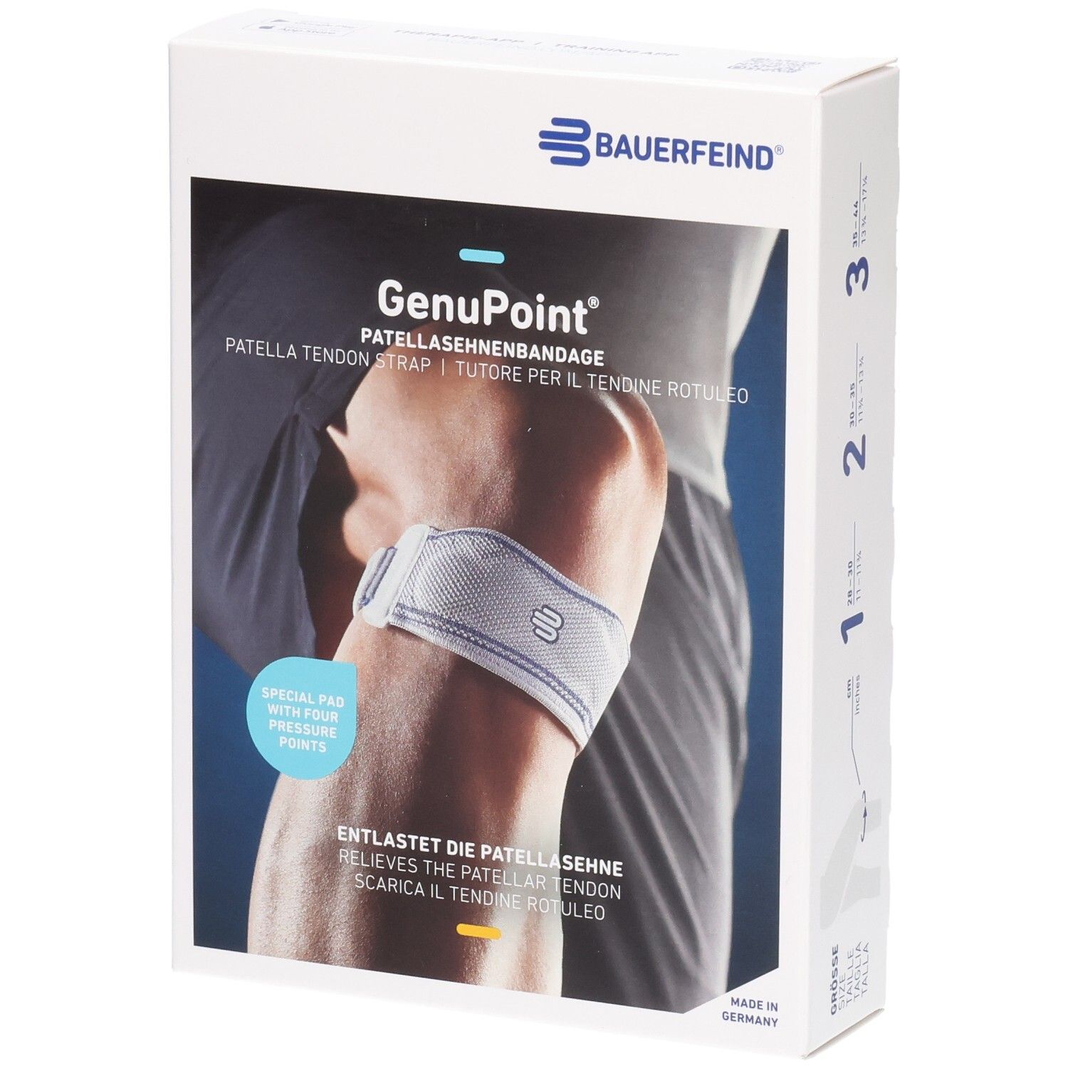 Verpackung der BAUERFEIND GenuPoint Patellasehnen-Bandage mit Abbildung eines Knies.
