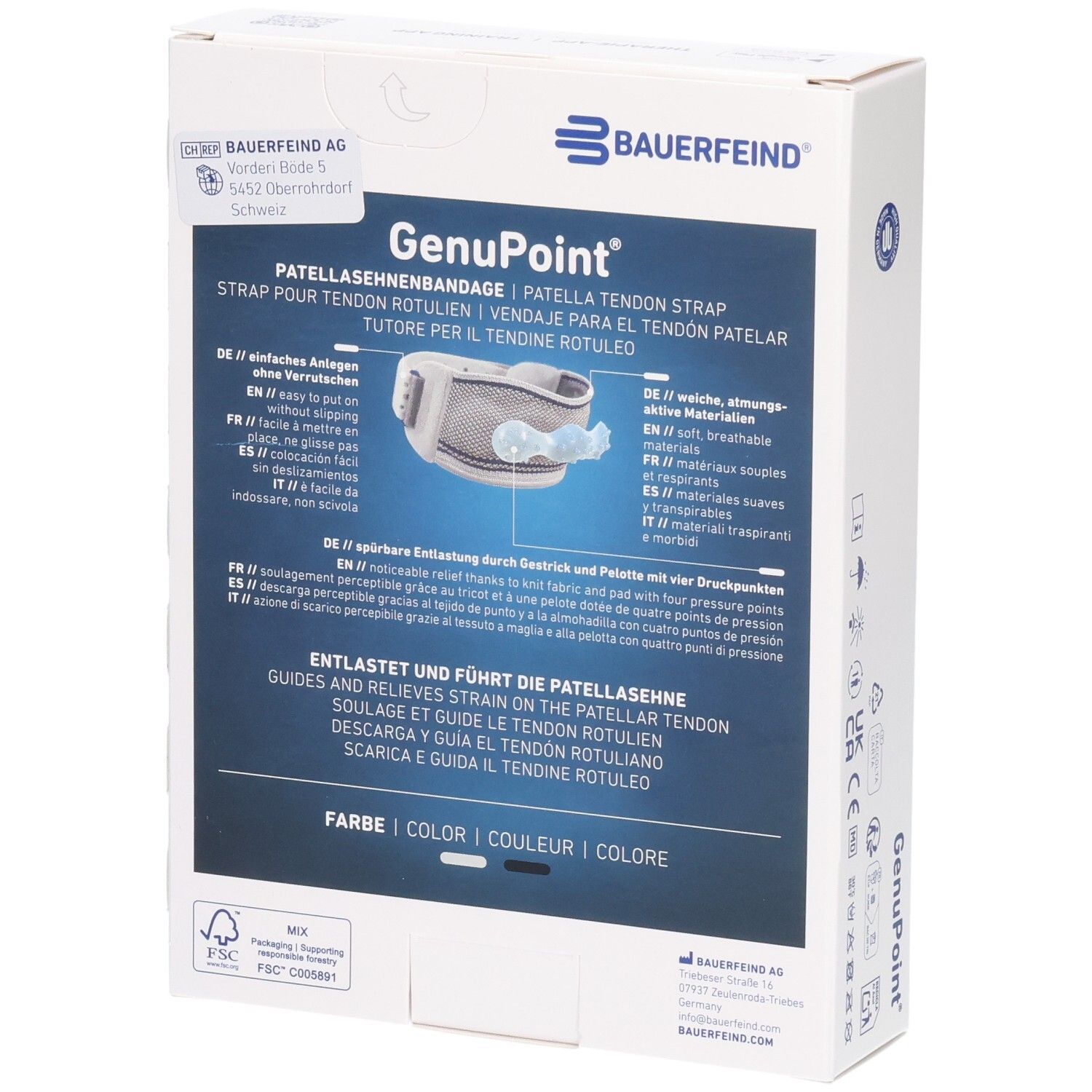 Rückseite der Verpackung der BAUERFEIND GenuPoint Patellasehnen-Bandage mit Produktinformationen.