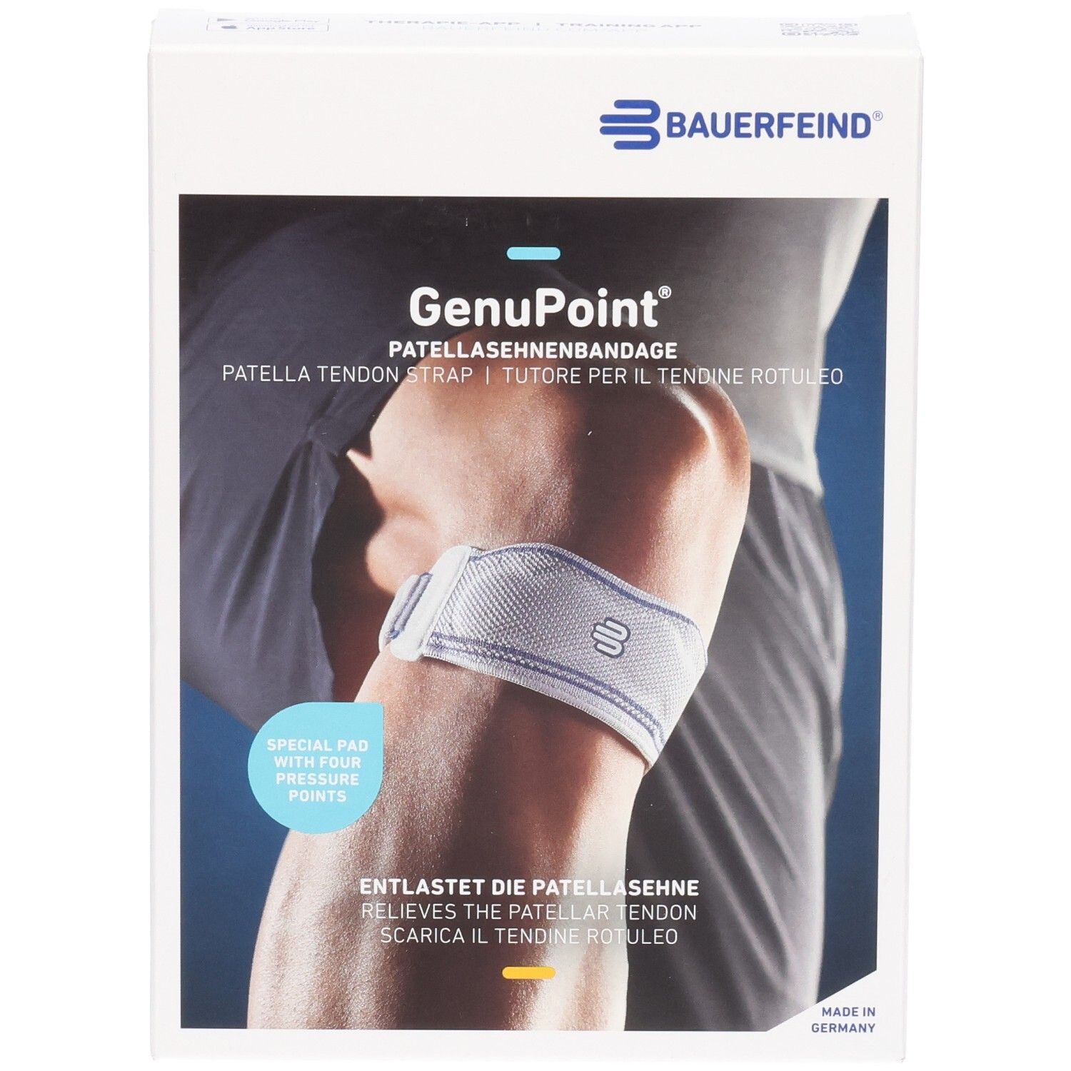 Verpackung der BAUERFEIND GenuPoint Patellasehnen-Bandage mit Abbildung eines Knies.