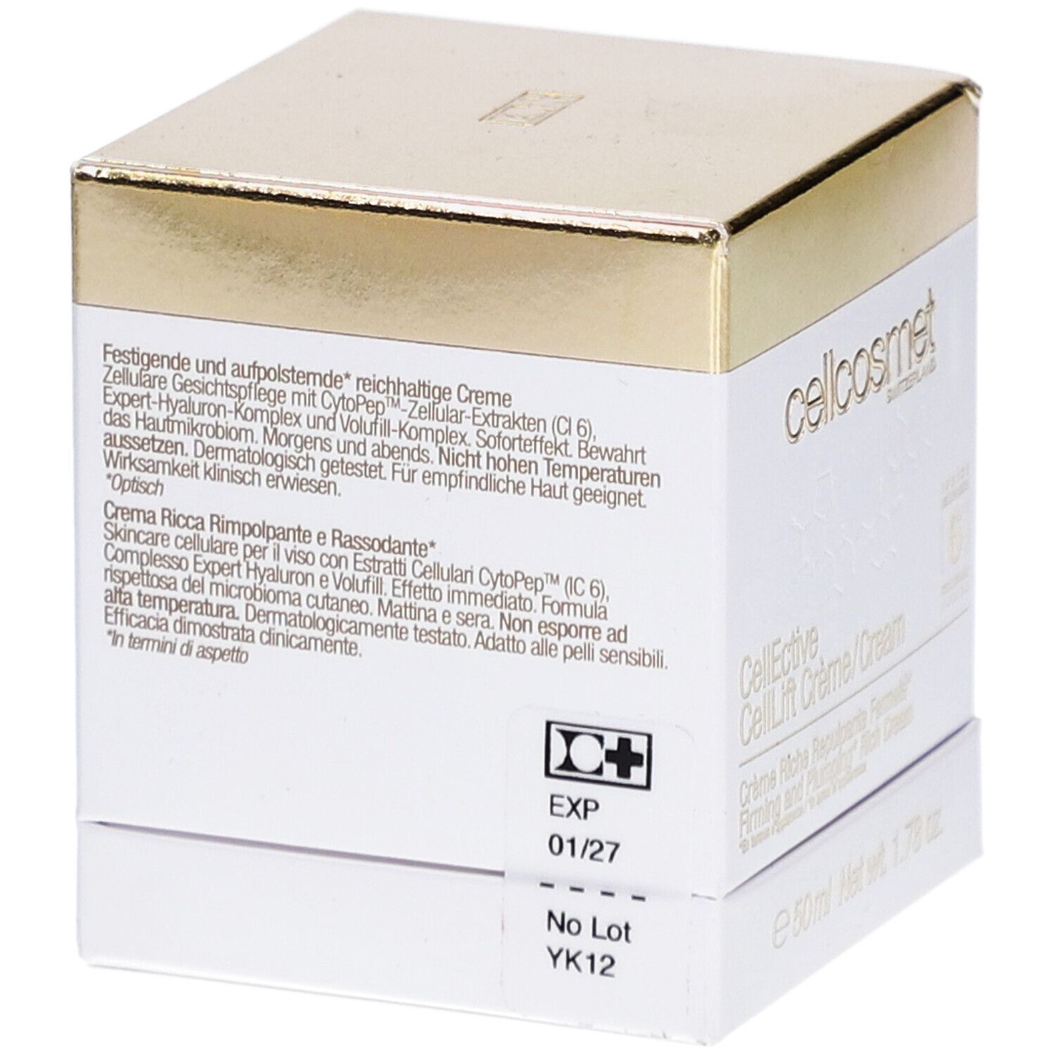 Weiße Schachtel mit goldfarbenem Deckel. Text: EXP 01/27, No Lot YK12. cellcosmet, CellEctive CellLift Crème/Cream.