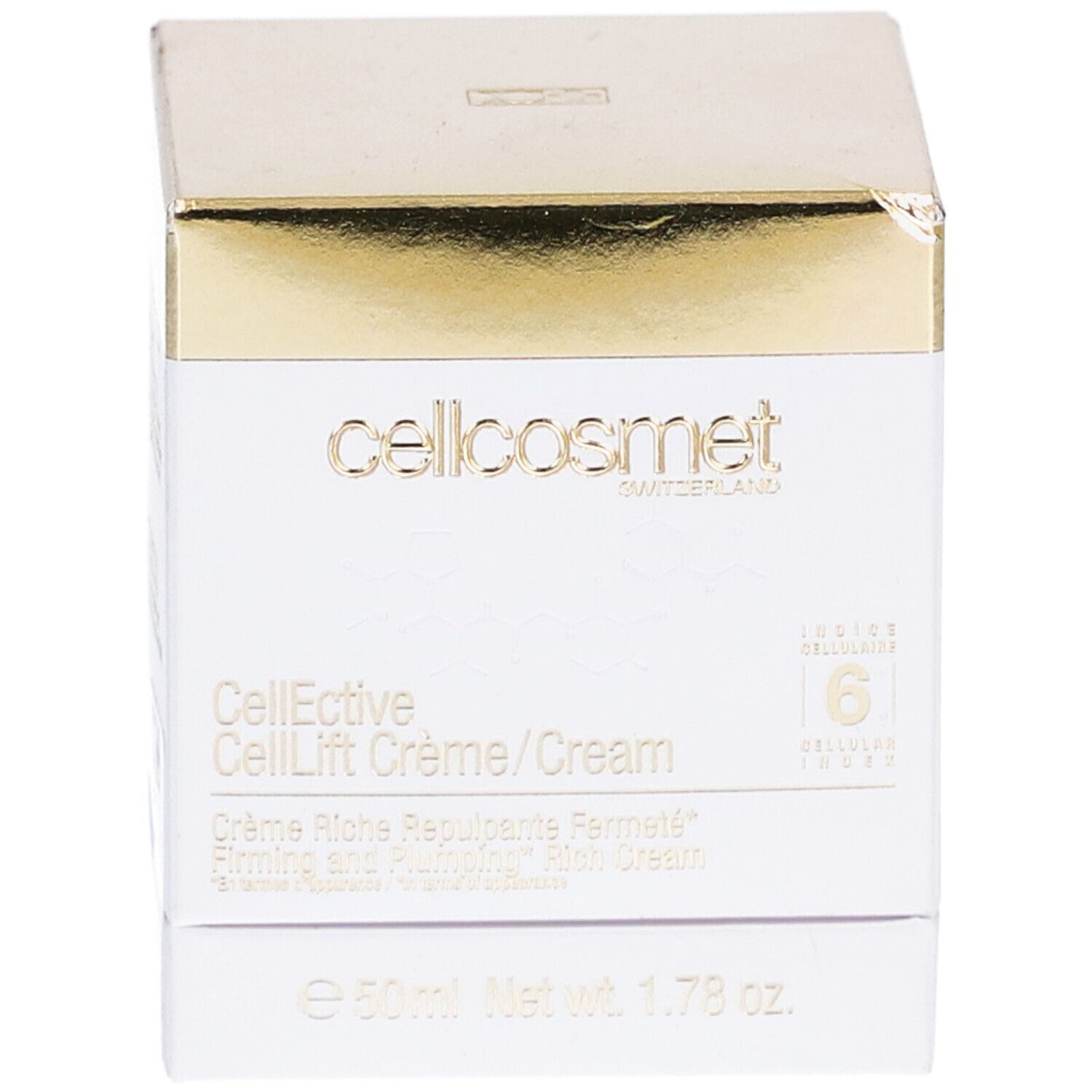 Weiße Schachtel mit goldfarbenem Deckel. Aufschrift: cellcosmet, CellEctive CellLift Crème/Cream. 6 Zellulare.