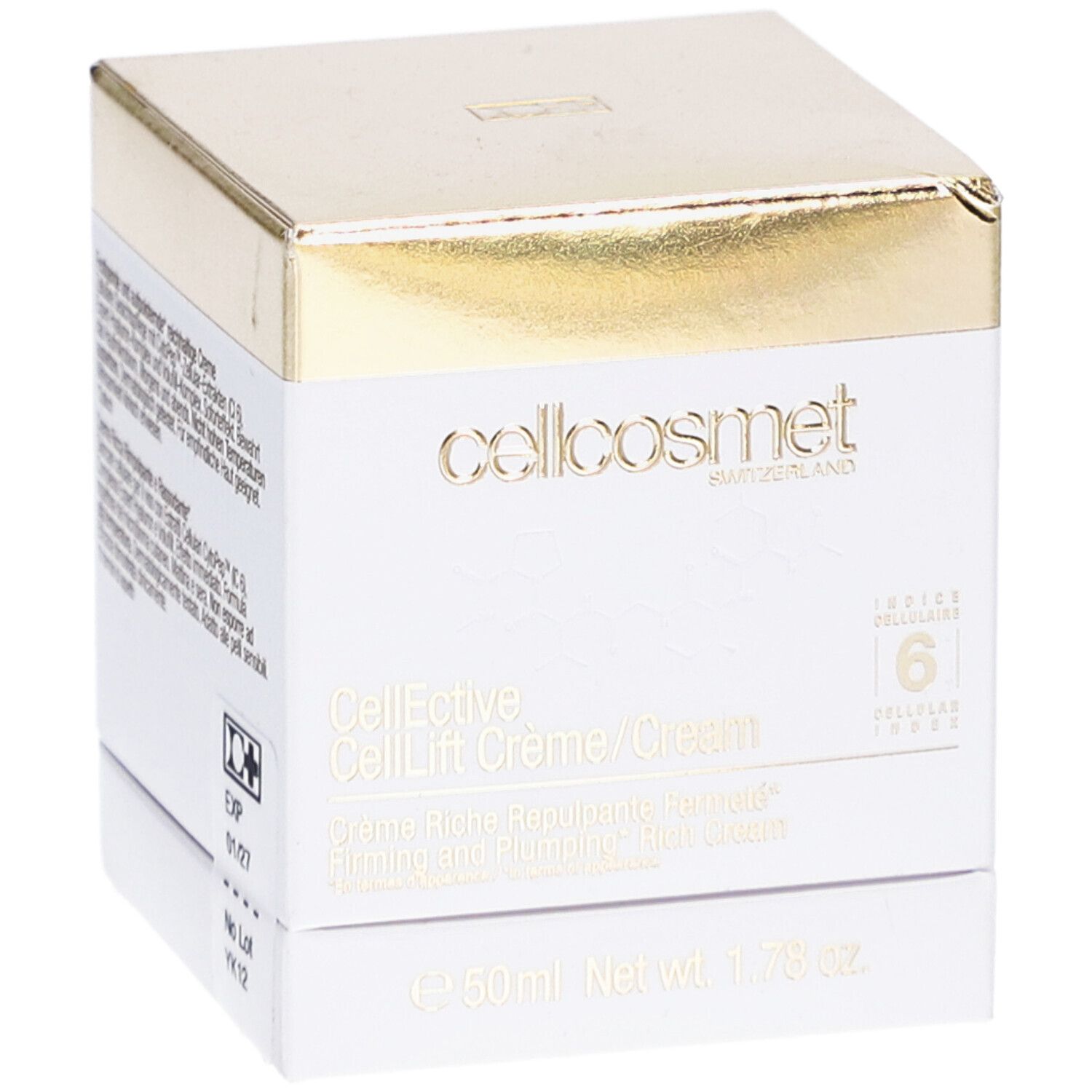Weiße Schachtel mit goldfarbenem Deckel. Aufschrift: cellcosmet, CellEctive CellLift Crème/Cream. 6 Zellulare.