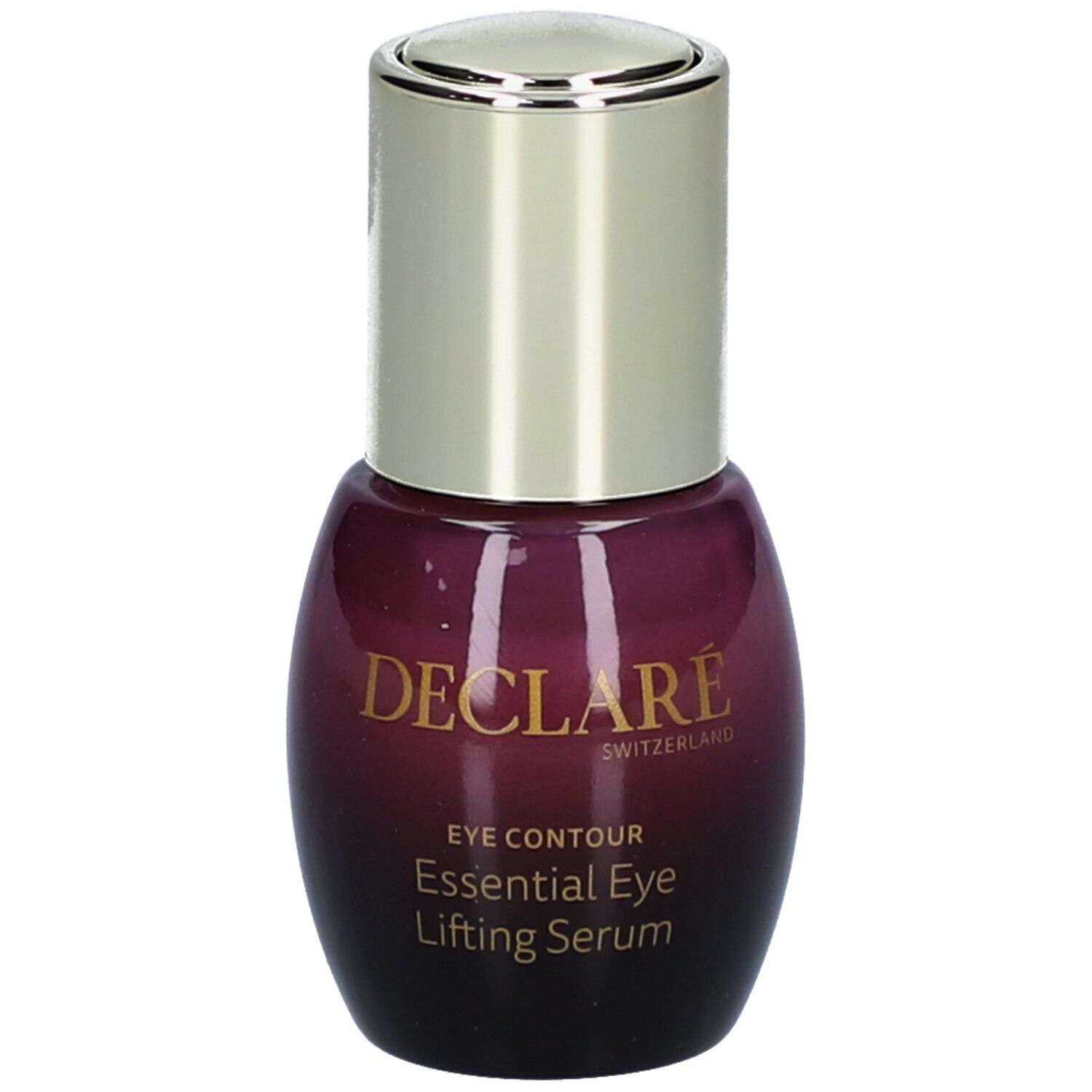 Violette Flasche mit silbernem Deckel. Aufschrift: DECLARÉ, EYE CONTOUR, Essential Eye Lifting Serum.