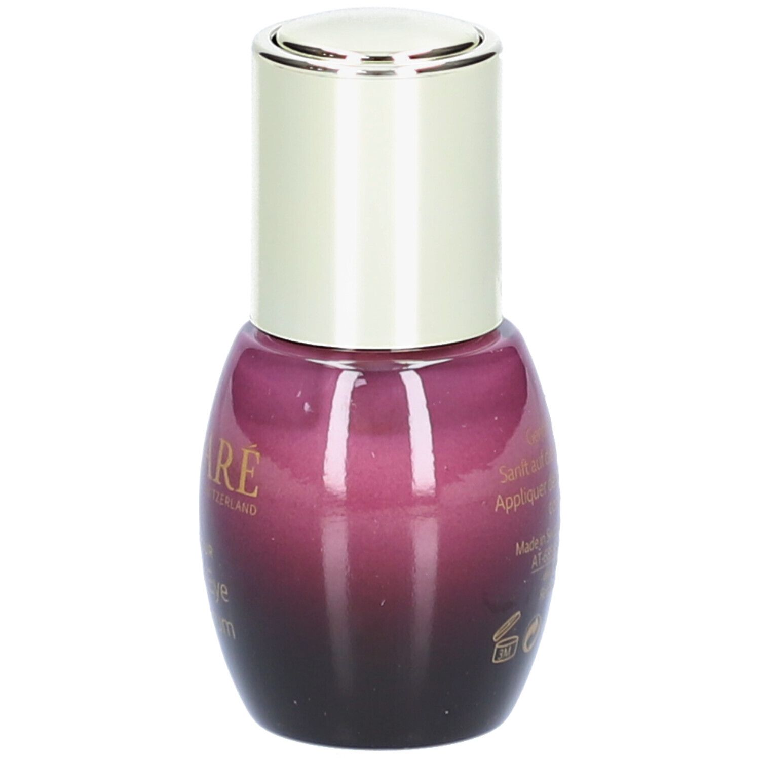 Violette Flasche mit silbernem Deckel. Text auf der Rückseite.