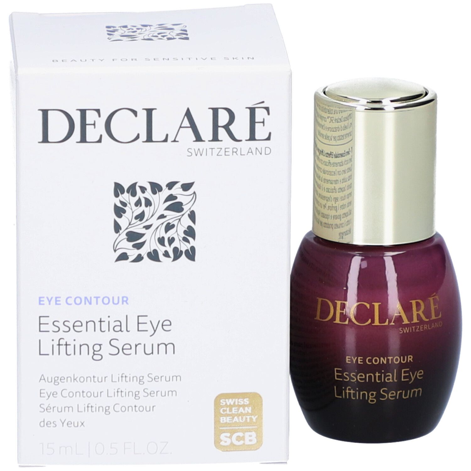 Produkt und Verpackung. Aufschrift: DECLARÉ, EYE CONTOUR, Essential Eye Lifting Serum. Mit Zertifizierung.