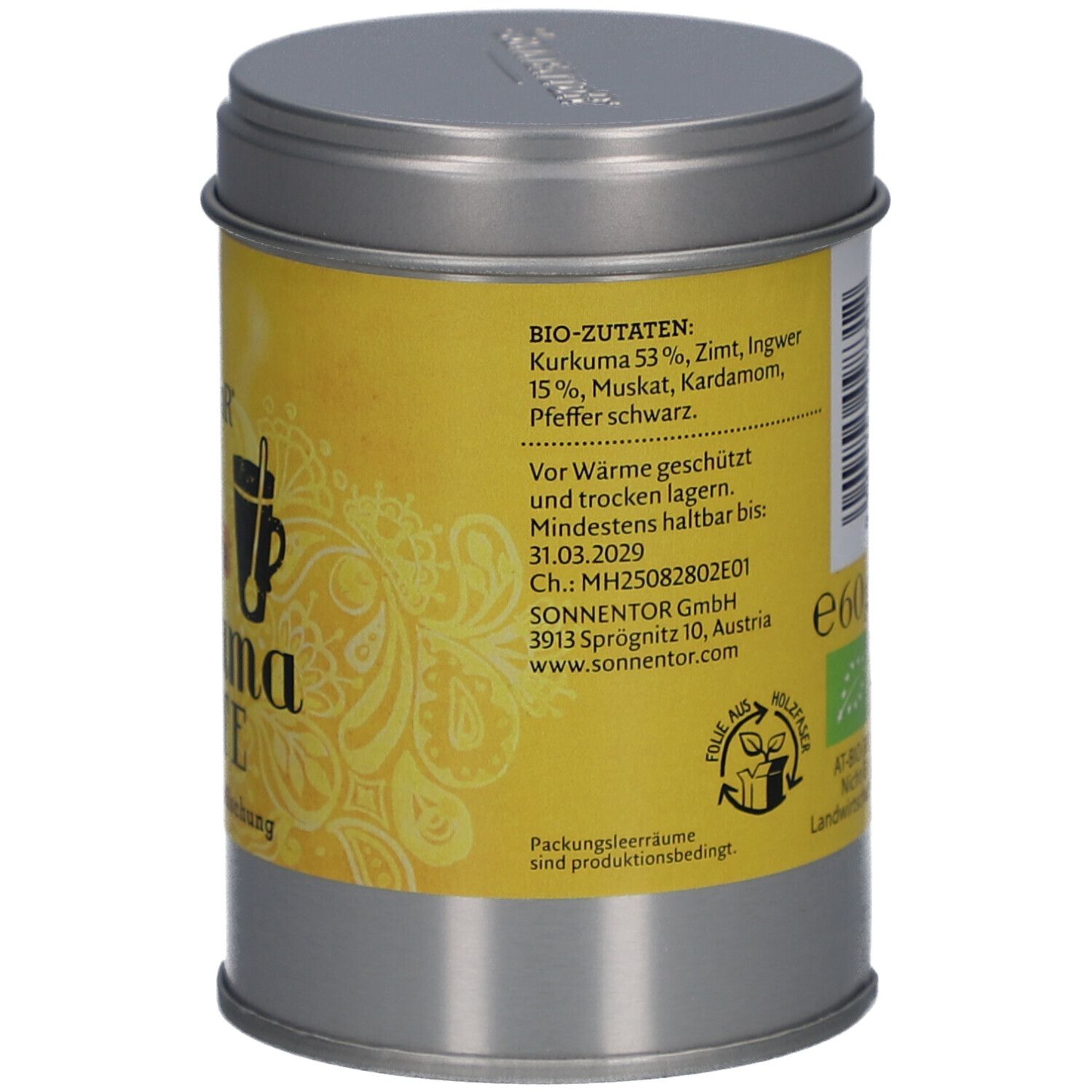 Zylindrische Dose mit gelbem Etikett. Text: Bio-Zutaten, Mindestens haltbar bis, Adresse. Dose silbern, Deckel silbern.