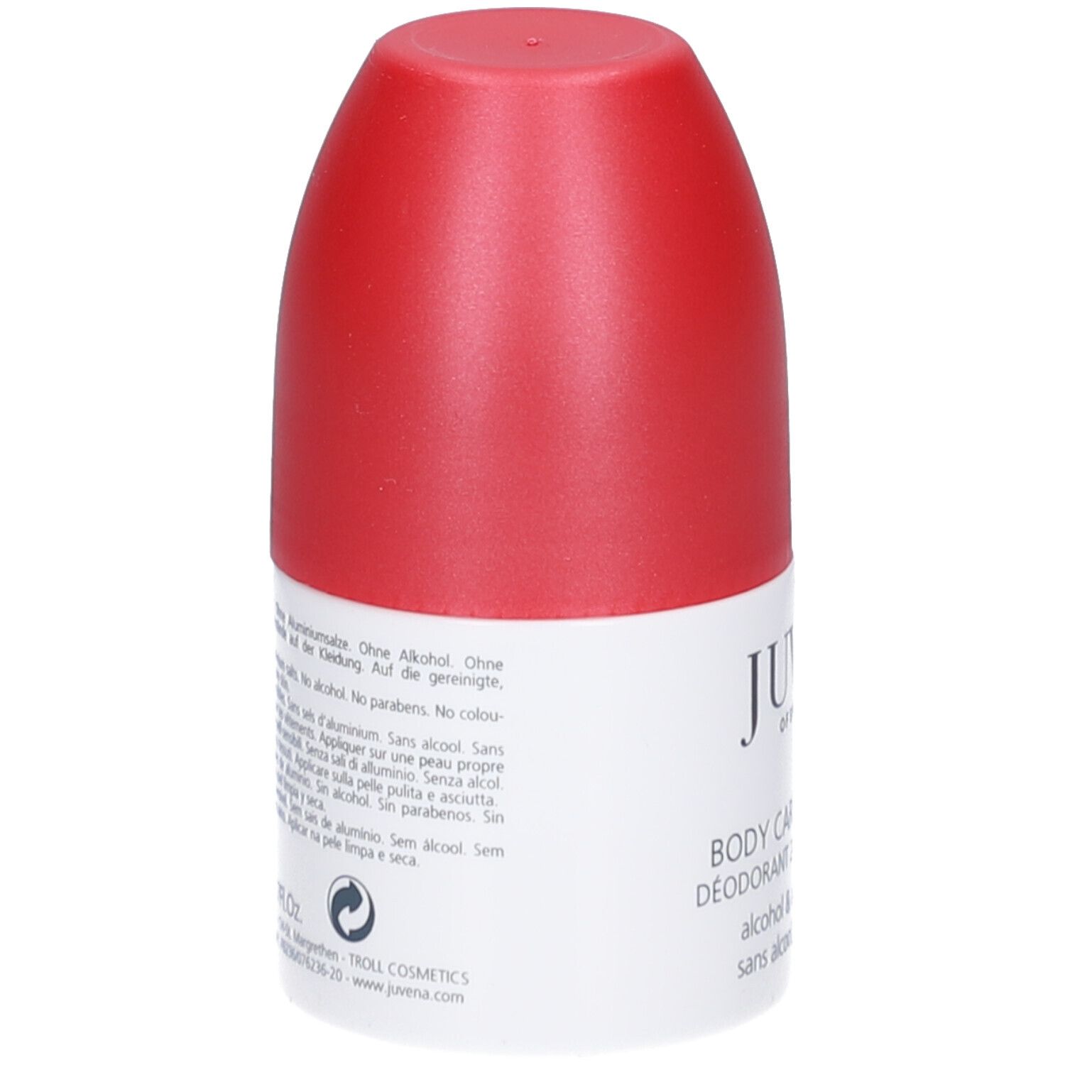 Deodorant-Roller mit rotem Deckel. Text auf dem Etikett: Juvena, Body Care, 24h Deodorant.
