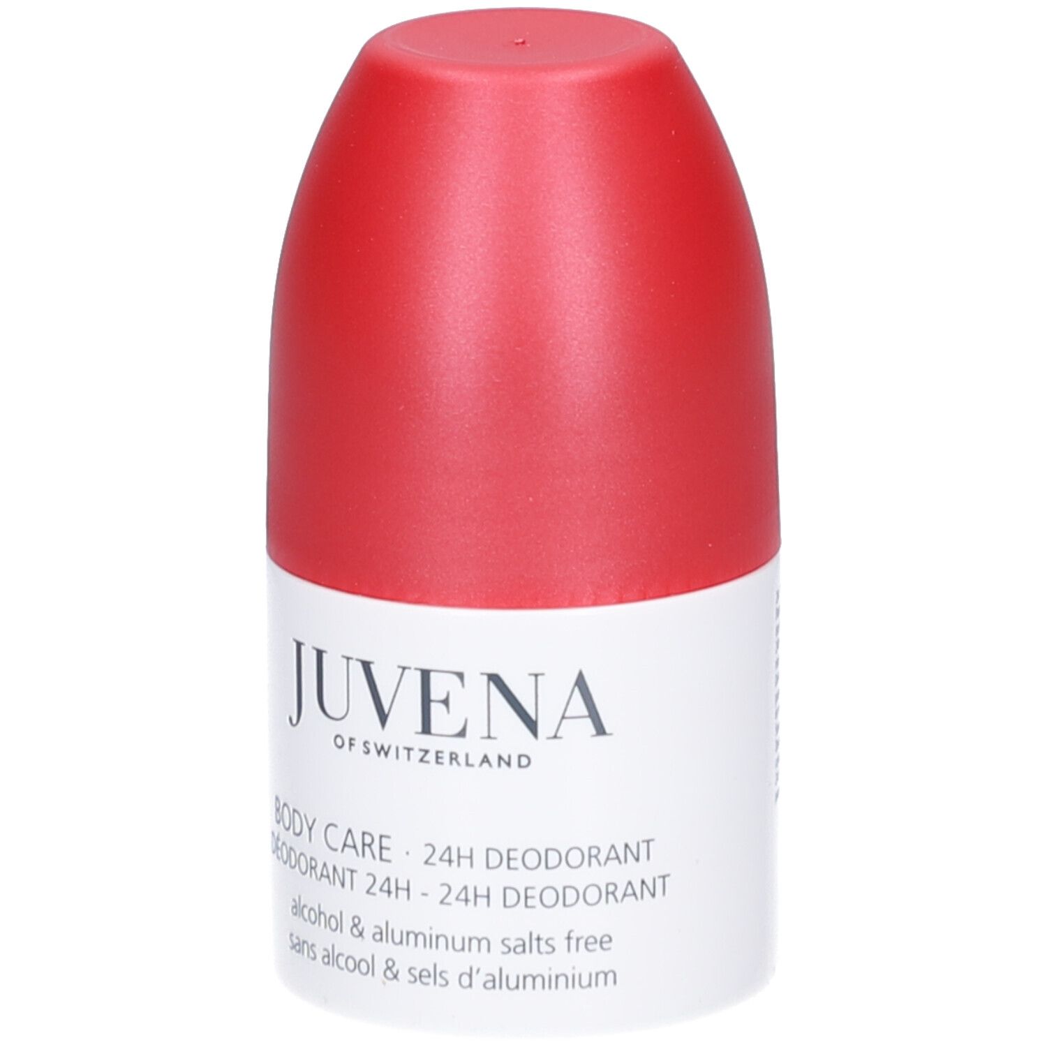 Deodorant-Roller mit rotem Deckel. Text auf dem Etikett: Juvena, Body Care, 24h Deodorant.