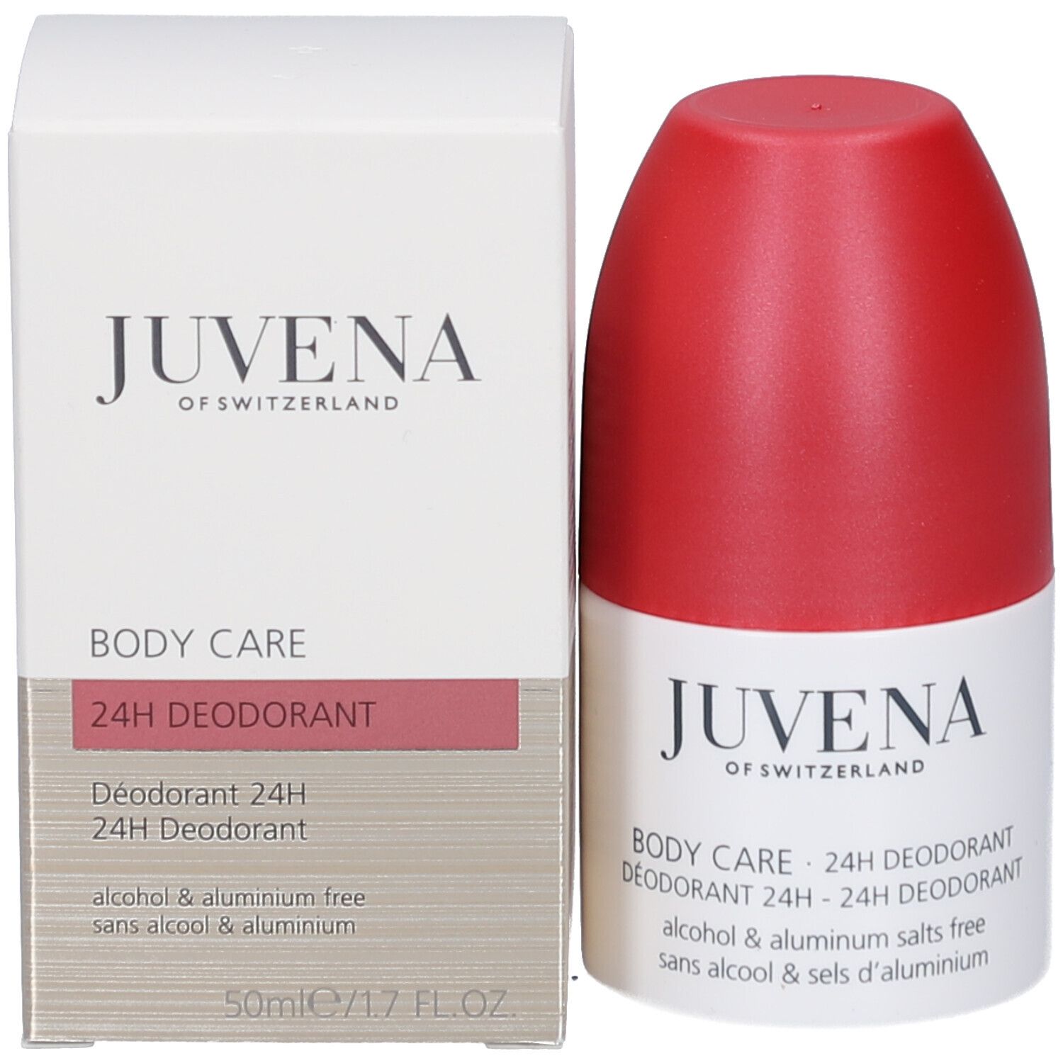 Verpackung mit Text: Juvena, Body Care, 24h Deodorant. Weiß mit rosa Akzenten. 50ml.