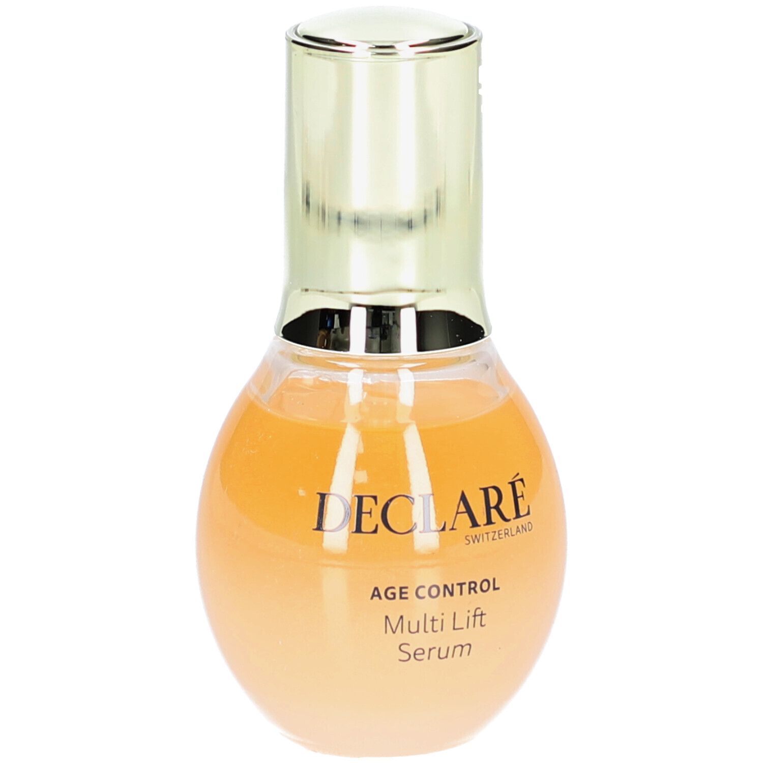 Deklaré Age Control Multi Lift Serum. Flasche mit goldfarbenem Verschluss. Text auf dem Etikett.