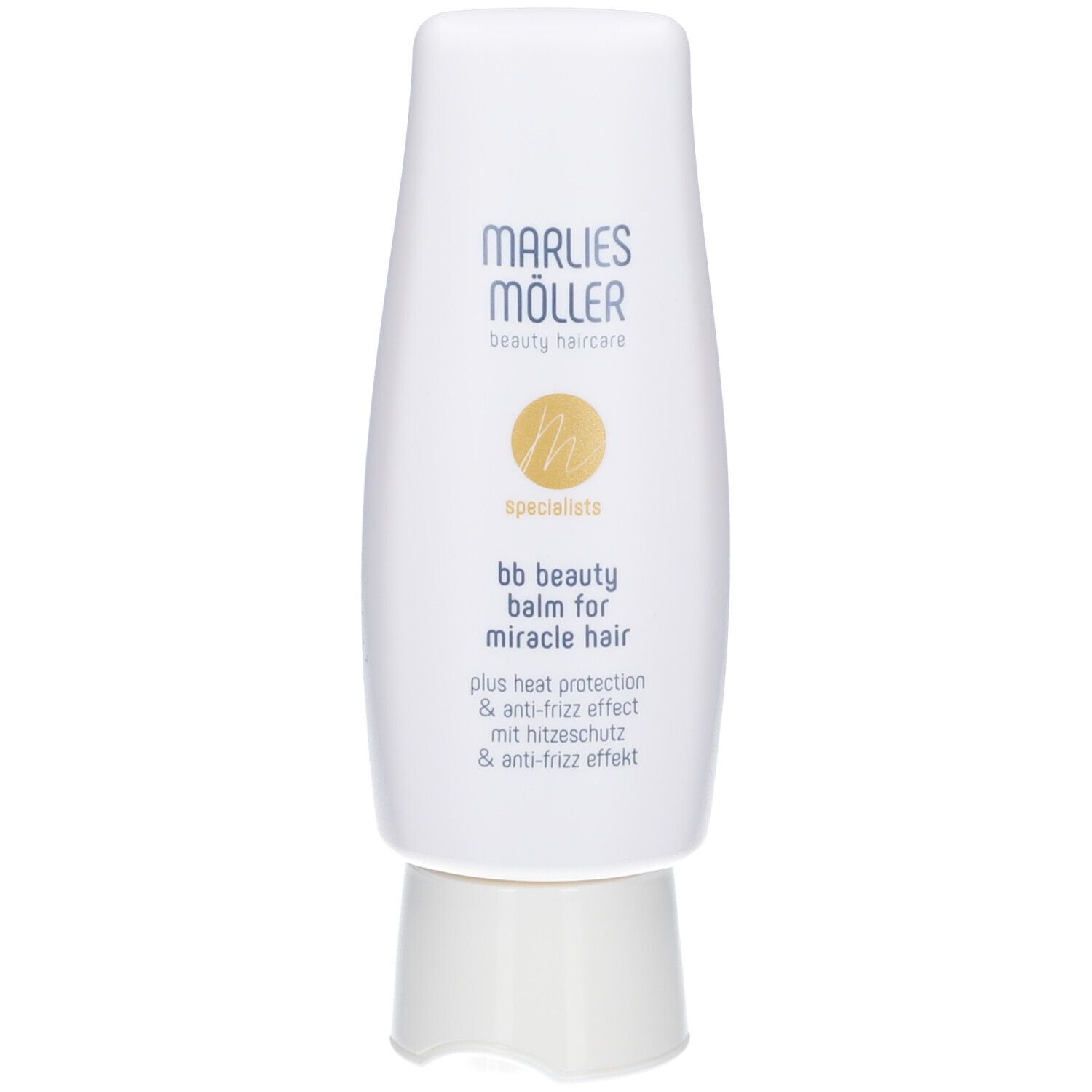 Weißer Flakon. Marke: Marlies Möller. Text: bb beauty balm for miracle hair. Mit Hitzeschutz & Anti-Frizz.